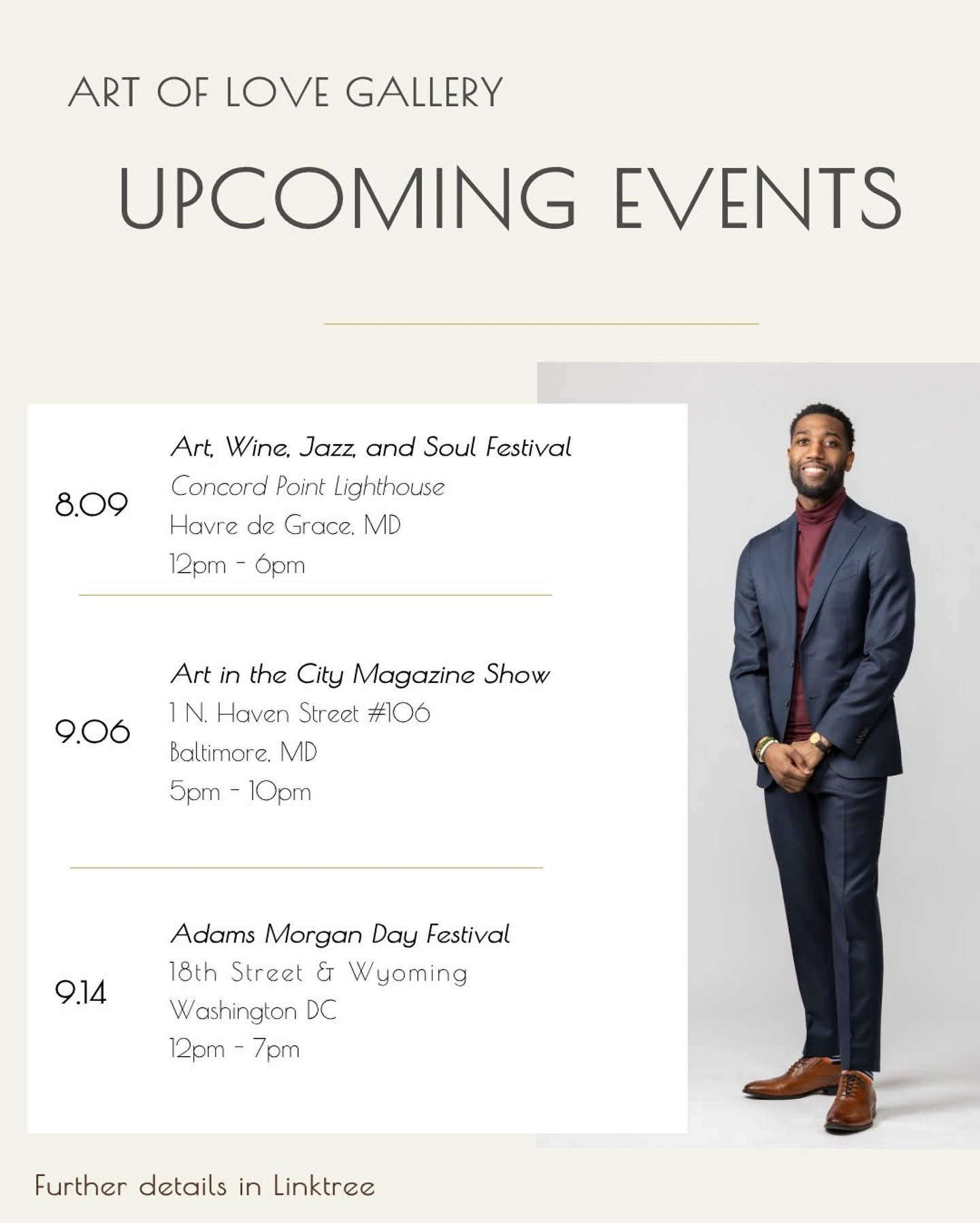 🔥❤️ #Repost @artoflovegallery_
・・・
We’ve got an exciting lineup of art events coming your way across Maryland and DC over the next couple of months. From festivals to shows, we will be exhibiting great Black art! Check out our Linktree for further details on ticket information. We hope to see some of you there!
•
•
•
•
•
#ArtOfLoveGallery #UpcomingEvents #BlackArt #DCevents #Marylandevents #Blackgalleries #dmvartscene #DMVArts