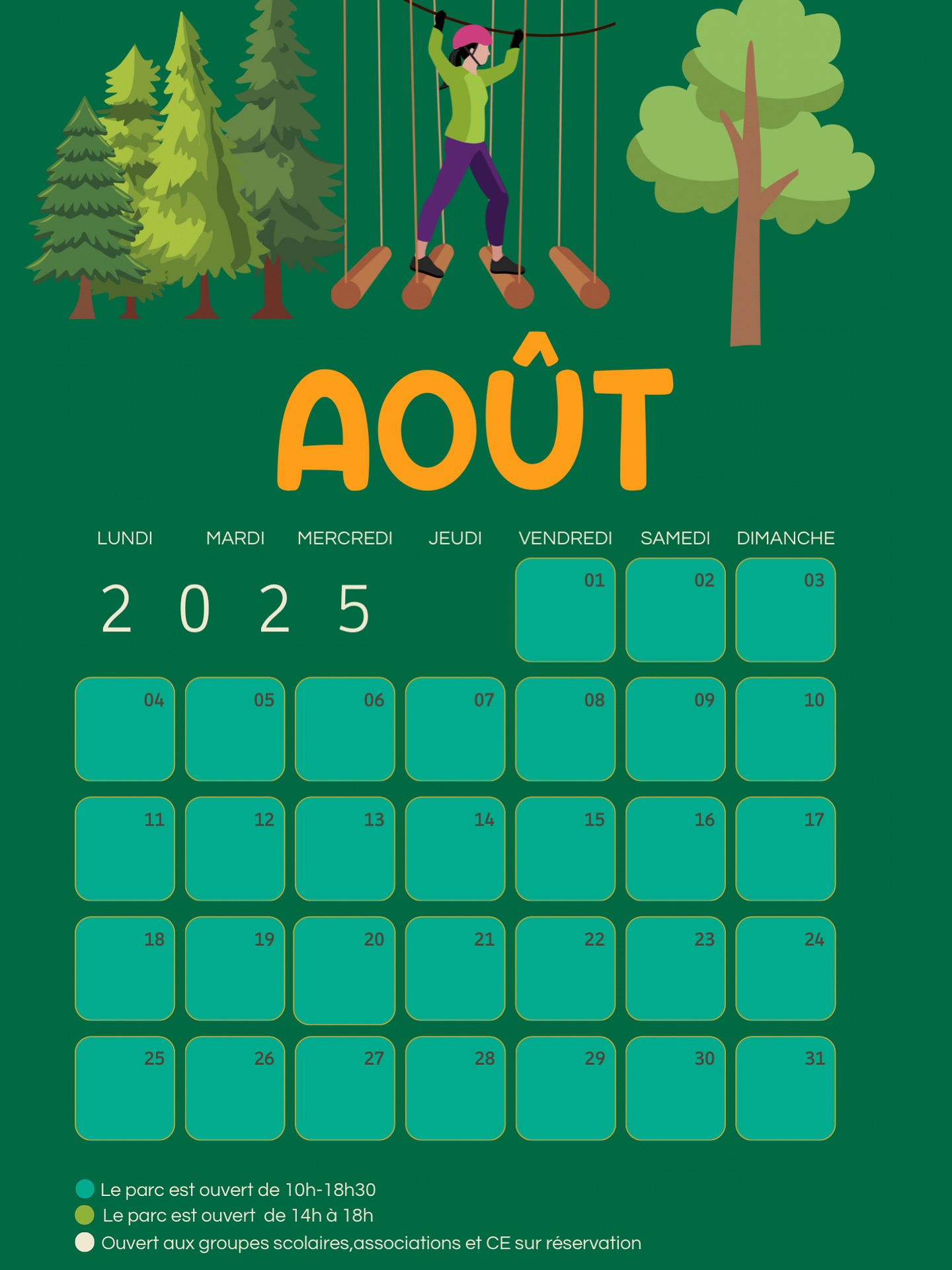 Nous accueillons le mois d’août avec une immense joie, car les vacances se poursuivent.🏖️🏖️🏖️
Le parc est ouvert tous les jours de 10h à 18h30 en
continu.
Toute l’équipe de Fun Park Dirinon vous souhaite de merveilleuses vacances ensoleillées.
Nous avons hâte de vous voir nombreux pour profiter de l’accrobranche!
#FunParkDirinon #Vacances #Accrobranche #bzh #brestbretagne #sortiefinistère #juillet #agenda #brestlife #brest #tourisme #pleinair#août #agenda