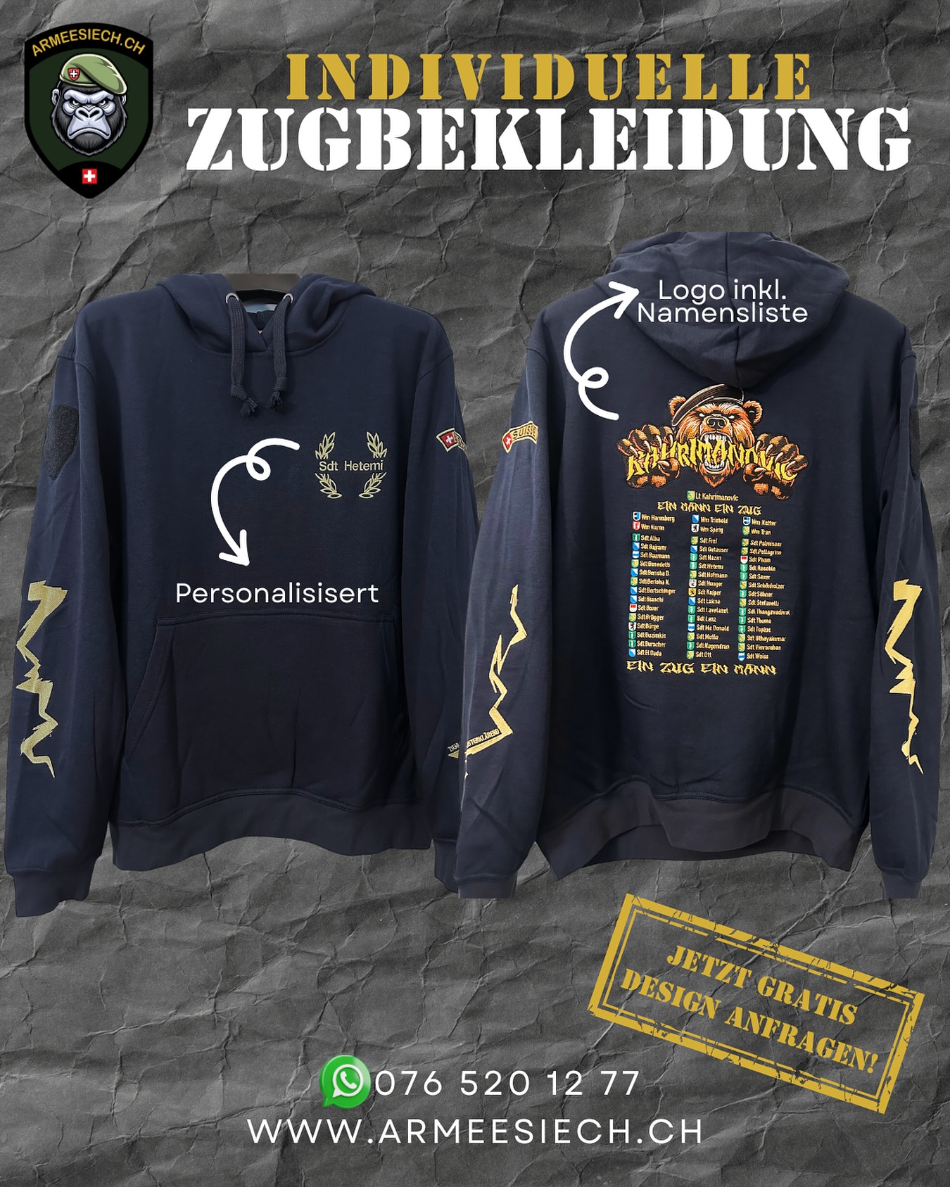 🎯 Dein Zug – Dein Hoodie!
🪖 INDIVIDUELLE ZUGBEKLEIDUNG FÜR DIE RS
✅ Mit persönlichem Namen & Grad
✅ Eigenes Zug-Logo inkl. Namensliste aller Kameraden
✅ Hochwertiger Stick, cooler Style, bleibende Erinnerung
📲 Jetzt gratis Design anfragen und unverbindlich Offerte erhalten!
👉 WhatsApp: 076 520 12 77
🌐 www.armeesiech.ch
#armeesiech #rs2025 #zugkleidung #rsmerch #schweizerarmee #militärstyle #rsabsolventen
#rekrutenschule #schweizermilitär #schweiz #zughoodie