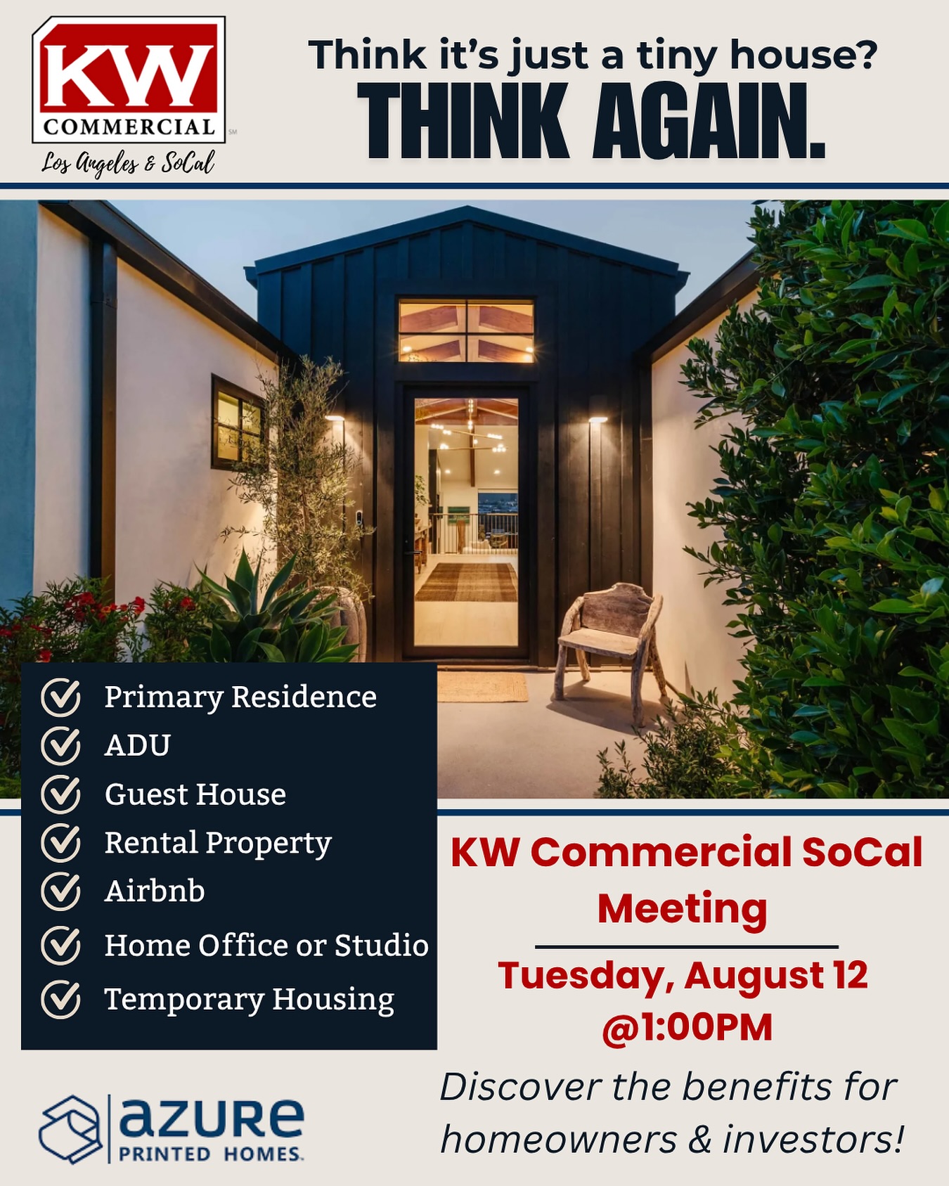 Think it’s just a tiny house?🤯Think again.✨
Our guest Gene Eidelman of Azure Printed Homes will walk us through how these compact, 3D-printed homes are meeting the moment with affordability, flexibility, and function.🔨💸
Whether it’s an ADU, Airbnb, or a full-time home, you’ll want to see what the future of housing looks like! 🏗️🌍
📅 August 12 at 1 pm| 📍Zoom: check bio.
#tinyhomes #tinyhouseliving #tinyhouse #adu #airbnb #vacationrentalhomes #kwcommercialsocal #guesthouse #rentalproperty #homeoffice #homestudio #printedhome #azureprintedhomes #temporaryhousing