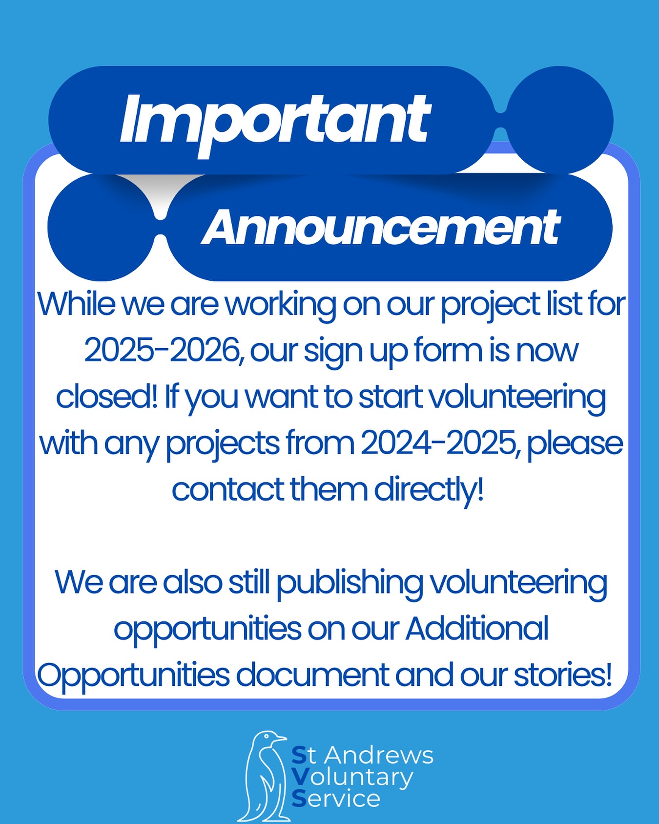 Our sign up form is closed… for now! We are working hard to refresh our 2025-2026 project list and cannot wait to show you all!! If you are interested in volunteering with any previous projects, please get in contact directly with the organisation. 💙🩵