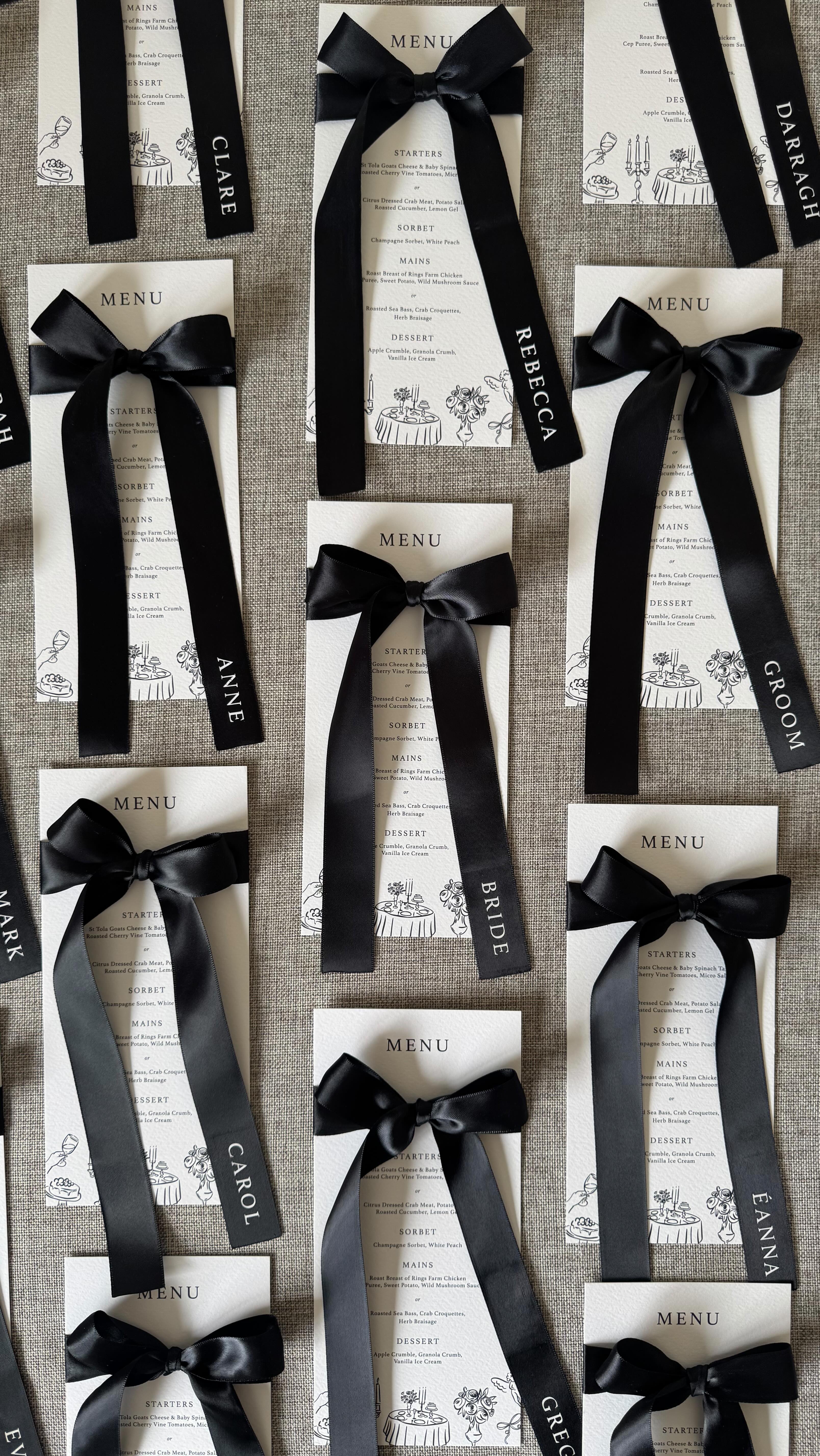 When the black tie brief comes to life 😮💨🖤✨
Congratulations to @laurenzo_edwardo & Mark who celebrated their special day yesterday at the breathtaking @kilkeacastle. Custom menus + satin ribbon place names for 170 guests made their day feel personal, elevated, and unforgettable. 🥰
#weddingdetails #onthedaystationery #weddingstationery #weddinginspo #blacktiewedding #ribbonplacenames