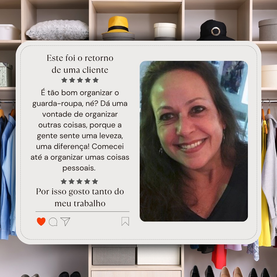 Este foi o retorno de uma cliente:
“É tão bom organizar o guarda-roupa, né? Dá uma vontade de organizar outras coisas, porque a gente sente uma leveza, uma diferença! Comecei até a organizar umas coisas pessoais.”
Por isso gosto tanto do meu trabalho!
#estilodevida #bemestar #produtividade #tempo #planejamento #organizacaopraticacriativa #personalorganizersp #organizaçãosp #organização #personalorganizersp #cliente #satisfação