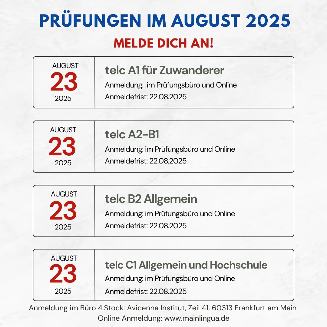 telc Prüfungen im August! 🤓
Anmeldung im Prüfungsbüro oder online unter:
https://www.mainlingua.de/exams#/de/classes
•
•
•
•
•
#telcprüfung #telc #prüfung #deutschesprache #deutschprüfung #frankfurt #avicenna