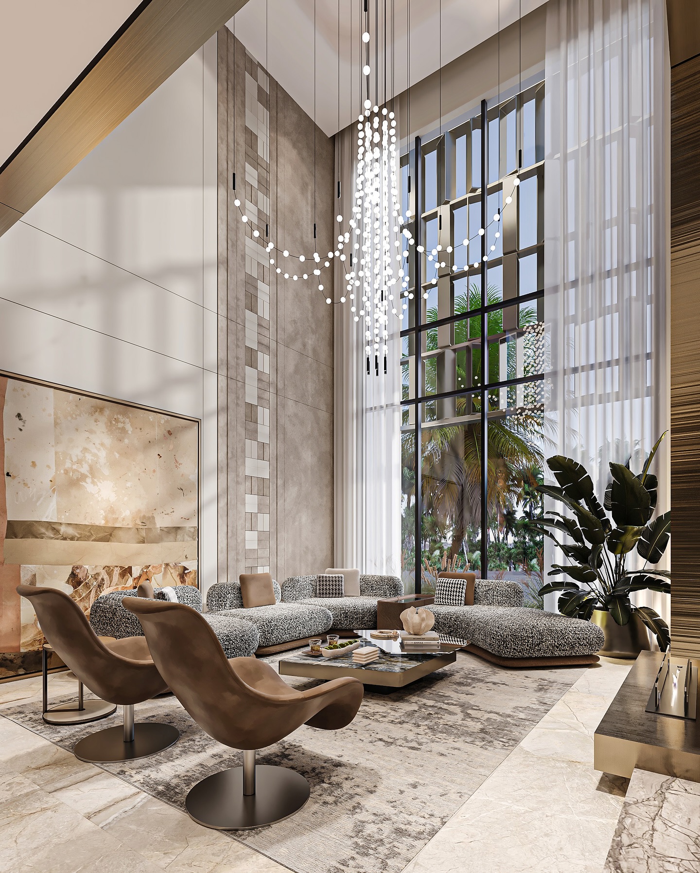 ✨ New Villa Reveal – Al Narjis, Riyadh ✨
A seamless blend of elegance and warmth defines this newly designed villa in the heart of Al Narjis, Riyadh 🏡🌴. The double-height ceiling, paired with floor-to-ceiling glass panels, brings in abundant natural light and creates a strong connection with the surrounding greenery 🌿☀️.
We chose a refined palette of earthy tones — warm taupe, soft grey, and creamy beige — to create a calm and sophisticated mood 🤎🤍. The plush boucle sofas and sculptural tan leather lounge chairs add a layer of comfort and tactile richness, while the floating marble staircase introduces a striking architectural element without overpowering the space.
A cascading chandelier composed of delicate glowing orbs becomes the heart of the living area, reflecting beautifully off the bronze-clad fireplace wall and subtle stone textures around it ✨🔥. The natural marble flooring with soft veins anchors the space with timeless elegance, complementing the clean lines and contemporary layout.
Every corner of this villa was carefully curated to offer balance, luxury, and effortless style — a modern sanctuary crafted with passion and detail 💫
#InteriorDesign #LuxuryVilla #RiyadhHomes #ModernLiving #ContemporaryDesign #VillaStyle #DoubleHeight #ArchitecturalInteriors #StatementLighting #WarmTones #TexturedInteriors #SaudiInteriors #NeutralLuxury #InteriorGoals #DesignWithSoul