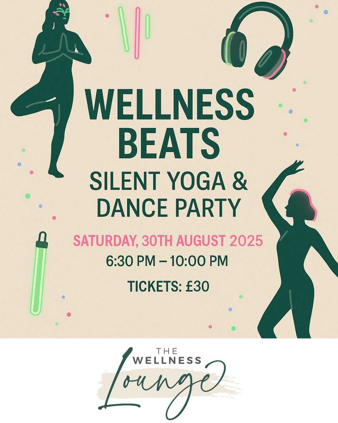 🎧✨ WELLNESS BEATS IS COMING ✨🎧
Yoga. Music. Glow. Movement. Magic.
Join us Saturday, 30th August for a Silent Yoga & Dance Party like no other.
🧘♀️ Sunset Flow through wireless headphones
💃 Silent Disco with 3 epic music channels
🍹 Mocktails, chill café vibes, UV glow & good humans
🎟️ £30 | Limited tickets
📍 Cardiff Wellness Lounge
🎧 Link in bio – don’t sleep on this 🔥