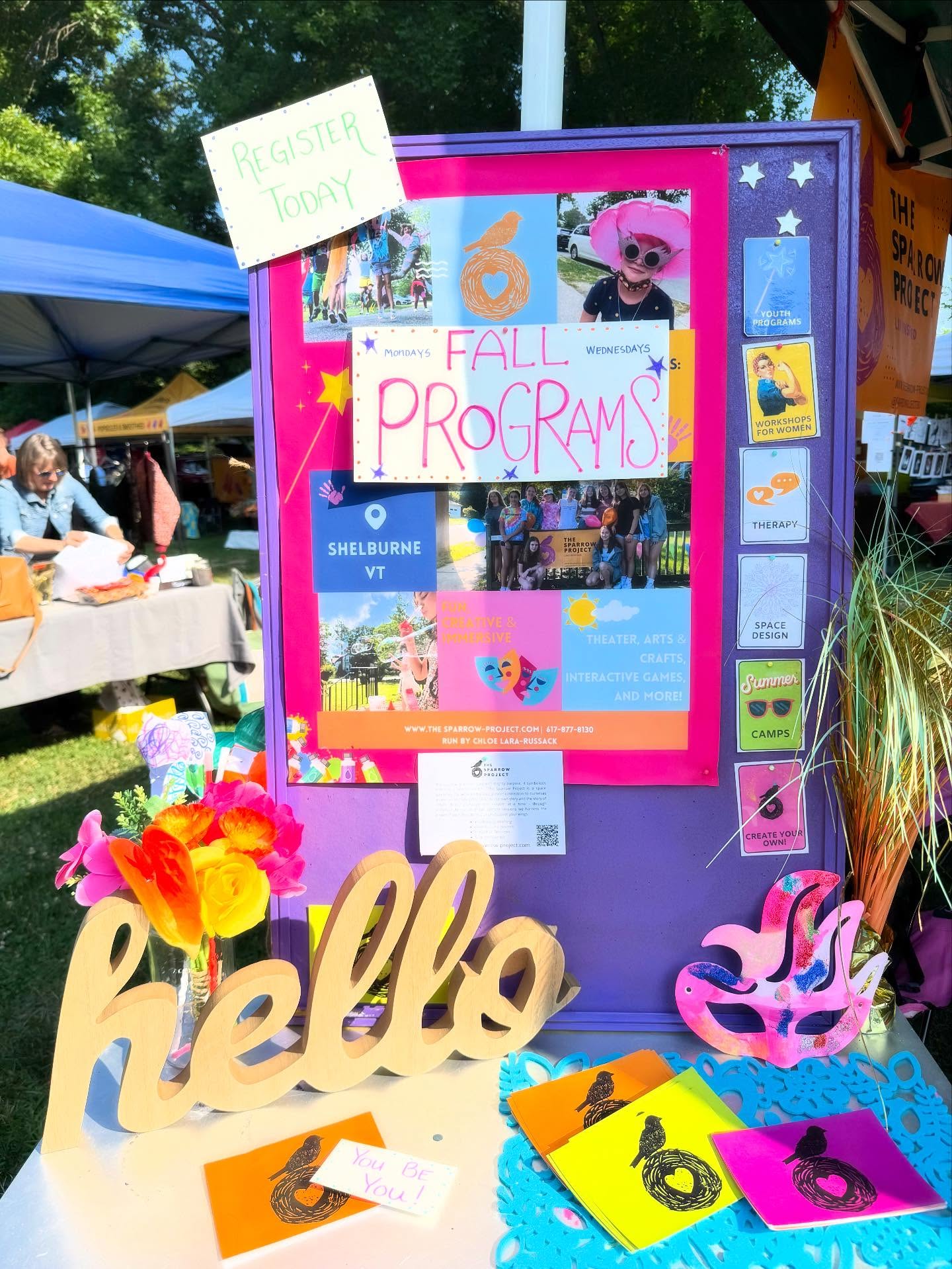 Another day at the market promoting a fall launch of programming with my partner in crime. Thank you @herrgavintheseahorse for always literally being there to hoist the tent and have my back.
It was a joyful day of sharing space with community and inviting people to come and create.
This fall Sparrow will be inviting you to come and connect, create, heal, build, and tell your story. Programs for youth and classes for women. Make space for yourself!!!! Truly. No one else will do it for you. Our kids need space to feel safe and build their own sense of self. So do our grown ups.
We hope you say yes and come take a flight with Sparrow this Fall!
#fallprograms #sparrowproject #yourstorymatters #dramatherapy #youthprograms #workshopsforwomen #vermontlife