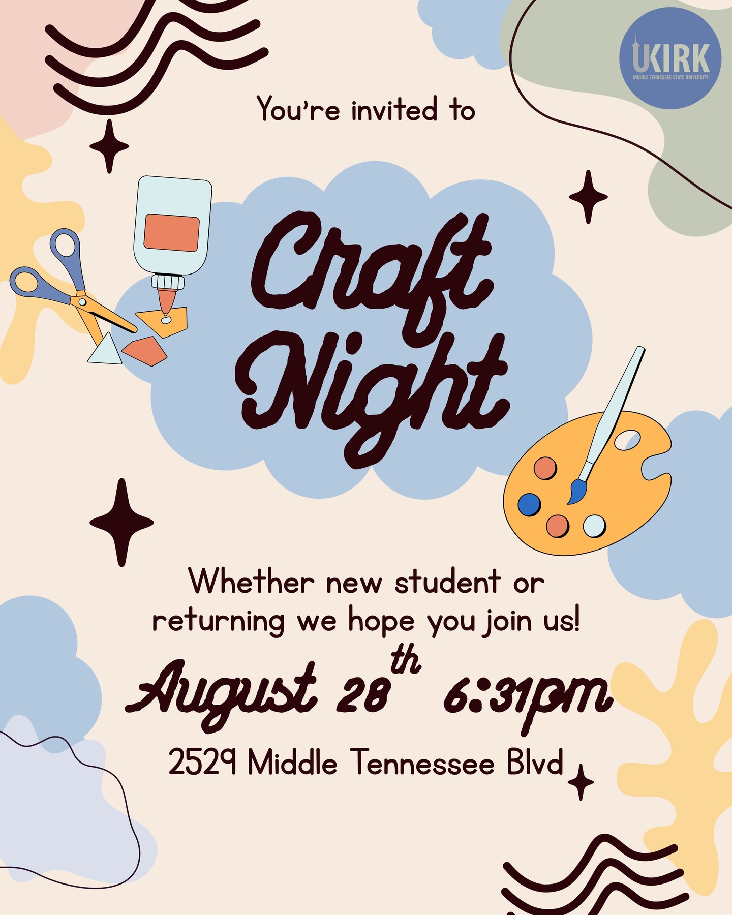 Our leadership team is putting on a craft night to welcome new and returning students to UKirk! We hope to see you there!