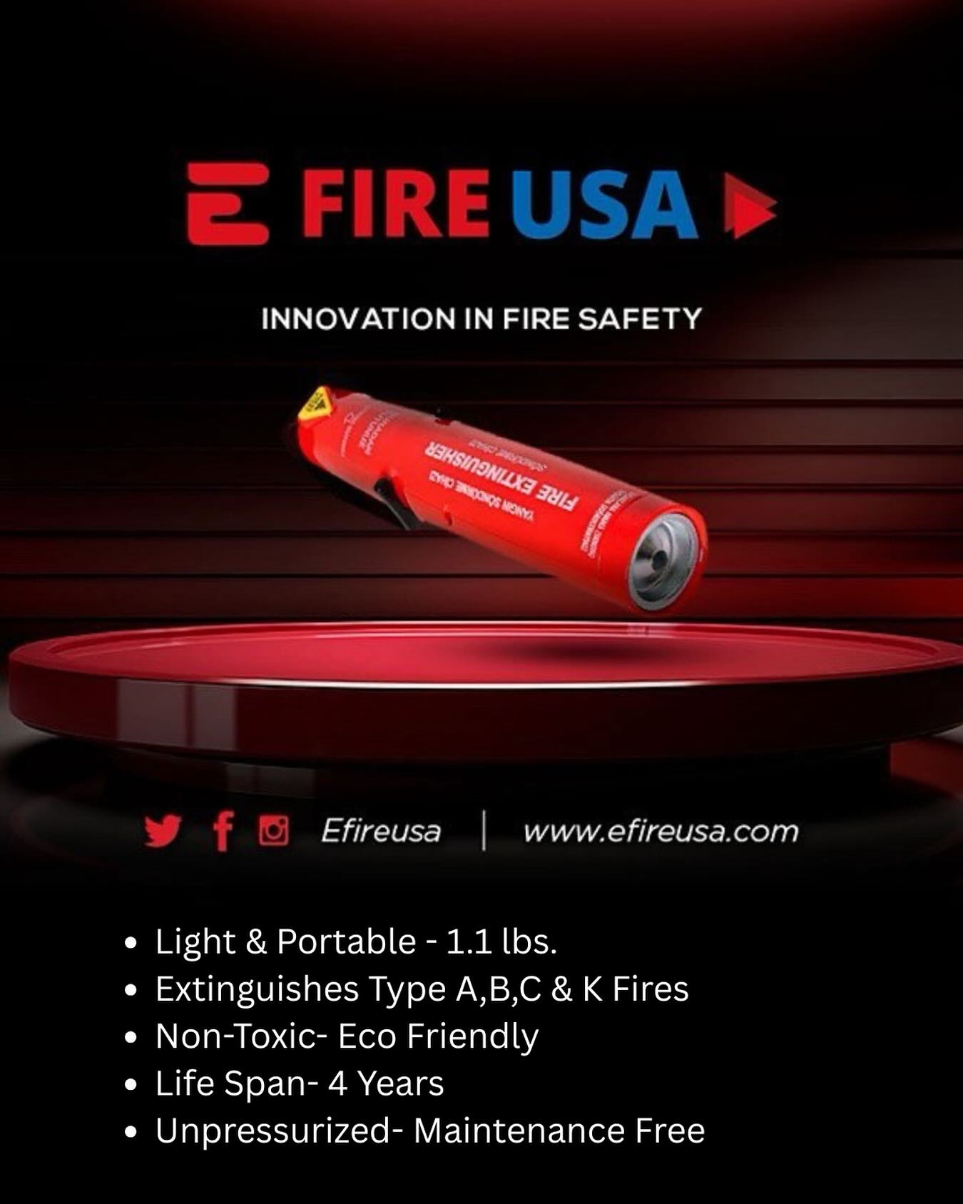 🔥 E Fire Portable – Fire Protection That Travels With You.
✅ Weighs just 1.1 lbs
✅ 12–14 second discharge time
✅ Fights A, B, C & K fires
✅ 4-year lifespan
✅ Unpressurized, maintenance-free
✅ Non-toxic, eco-friendly, and non-corrosive
Designed to be there Anytime. Anywhere.
*Not a replacement—an extra layer of life-saving protection when seconds count.
#FireSafety #EFirePortable #EFireUSA #FireProtection #EmergencyPreparedness #FireExtinguisher #InnovationInSafety #PortableProtection #SafetyFirst #FireSuppression