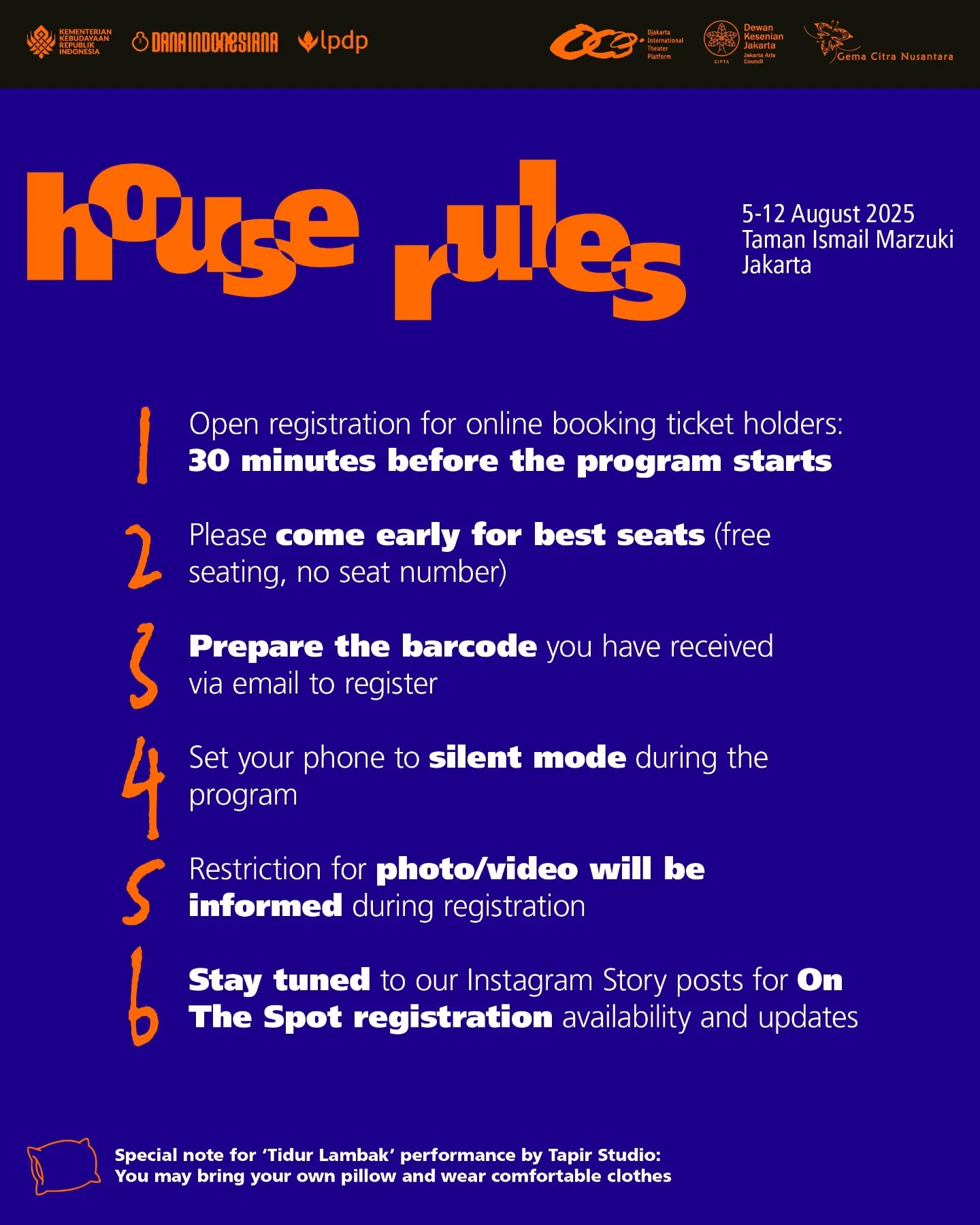 Getting ready for DITP 2025? Make sure to check out our house rules for a smooth and comfy experience!
Stay tuned to our Instagram Stories for updates!
-
Bersiaplah untuk DITP 2025! Yuk, cek dulu house rules-nya biar pengalaman nonton kamu nyaman dan lancar!
Pantau terus Instagram Story kami untuk info dan update terbaru!
#ditp2025