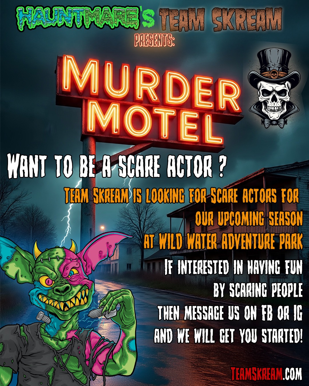 Looking for scare actors for 6 weeks coming soon to Wild Waters Adventure Park. Message us on FB, IG, or email us at HauntmareExpo@gmail.com We will open the last weekend of September and Scare all the way into the first week of November! Come have fun with Hauntmare's Team Skream!