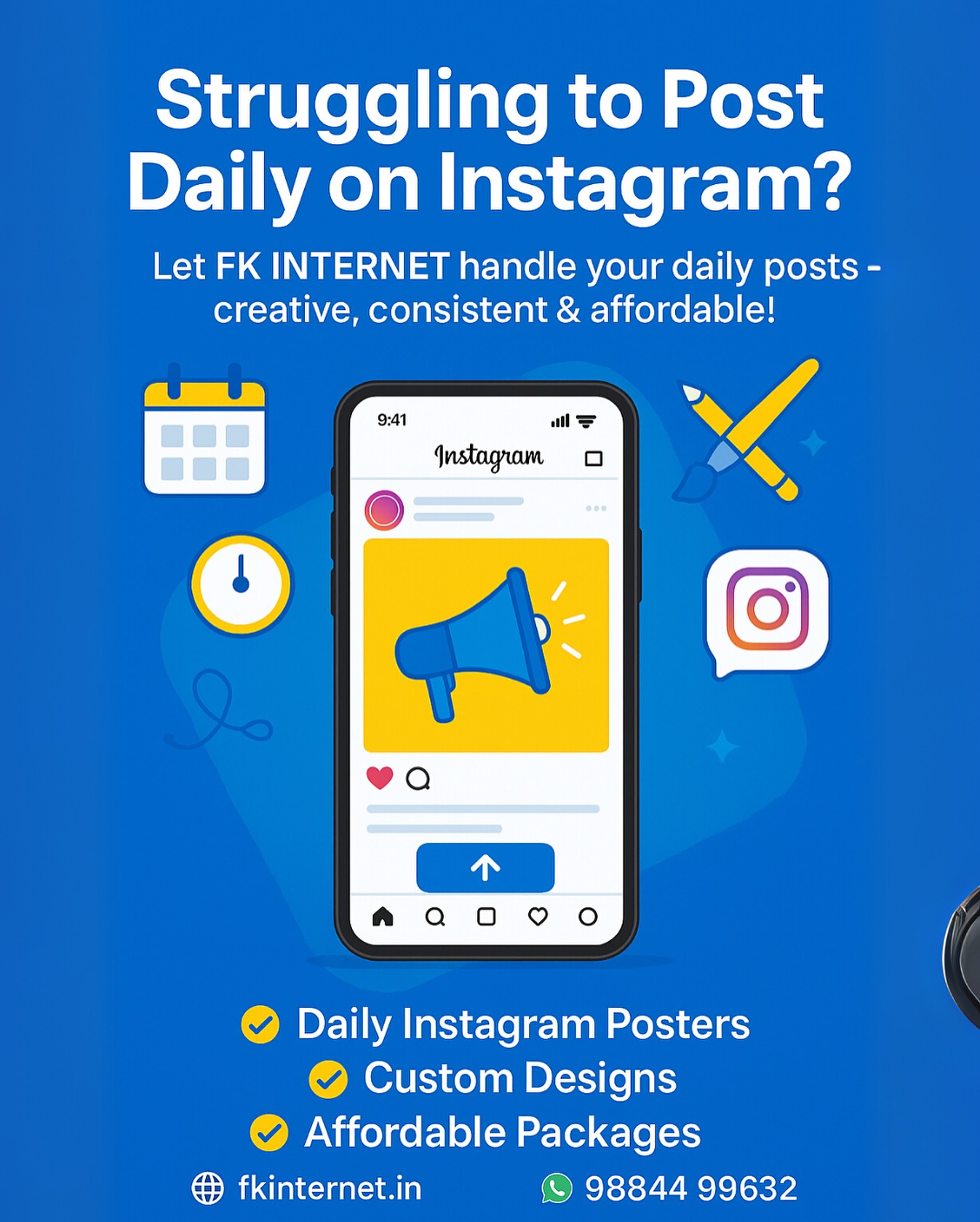 Struggling to post daily on Instagram?📱
Let FK INTERNET take the load off your shoulders! We create custom, eye-catching posters every single day so you can focus on growing your business. 💼✨
✅ Daily Instagram Posters
✅ Affordable Packages
✅ Creative & Consistent Designs
📲 DM us or WhatsApp: 98844 99632
🌐 Visit: fkinternet.in
#SocialMediaMarketing #InstagramMarketing #DailyPosts #ContentCreation #FKInternet #SmallBusinessIndia #InstaPostDesign #DigitalMarketingIndia #InstagramGrowth #AffordableMarketing #InstagramDesigns #MarketingForBusiness #DailyContent #ChennaiBusiness