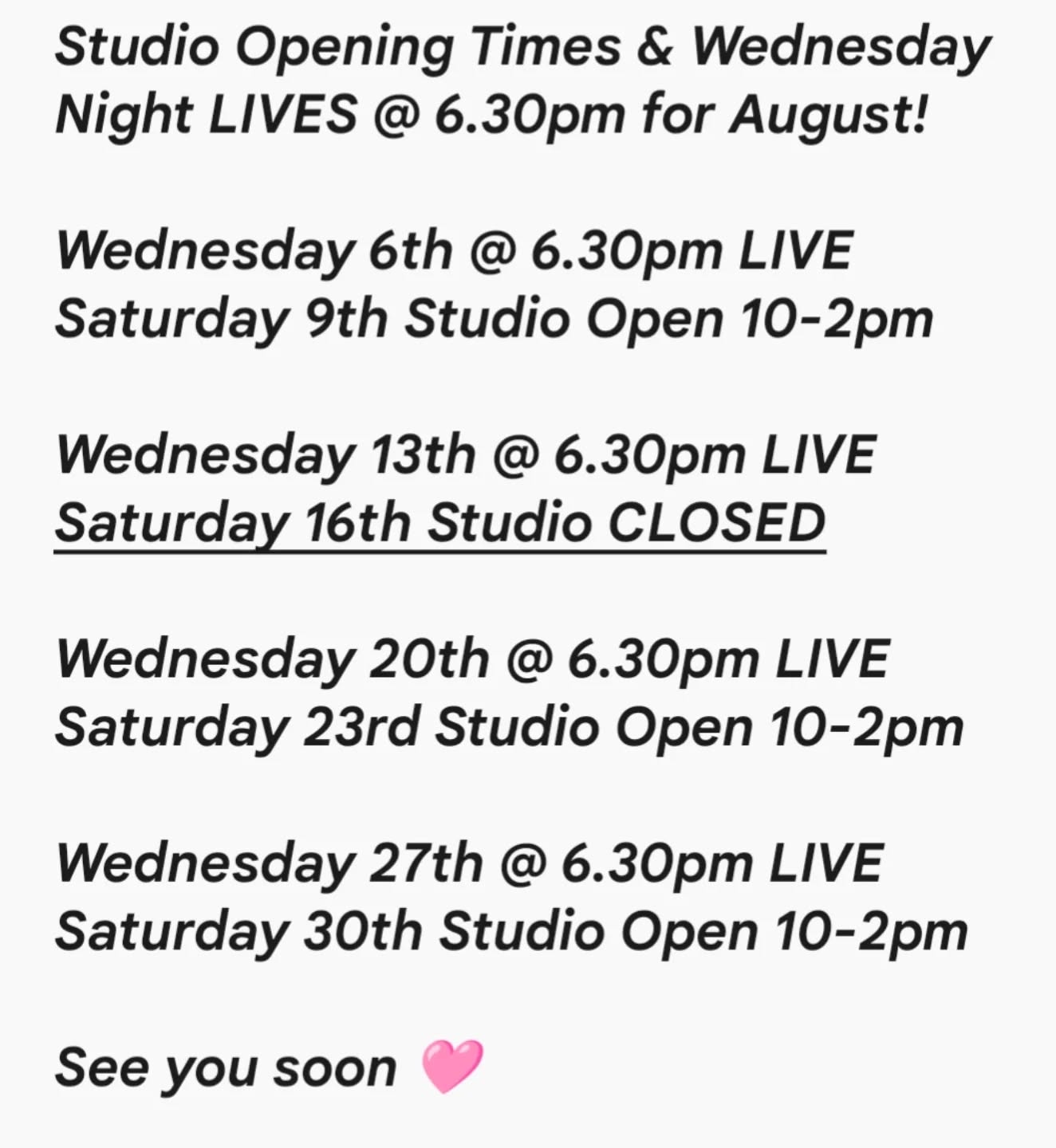 Dates for your diary! #august
#studiolife #ladiesfashion
#lincolnshirebusiness
Unit 7
St Johns Craft Unit
Bacebridge Heathย
Caistor Driveย
Lincolnย
LN4 2TA ๐ฉท