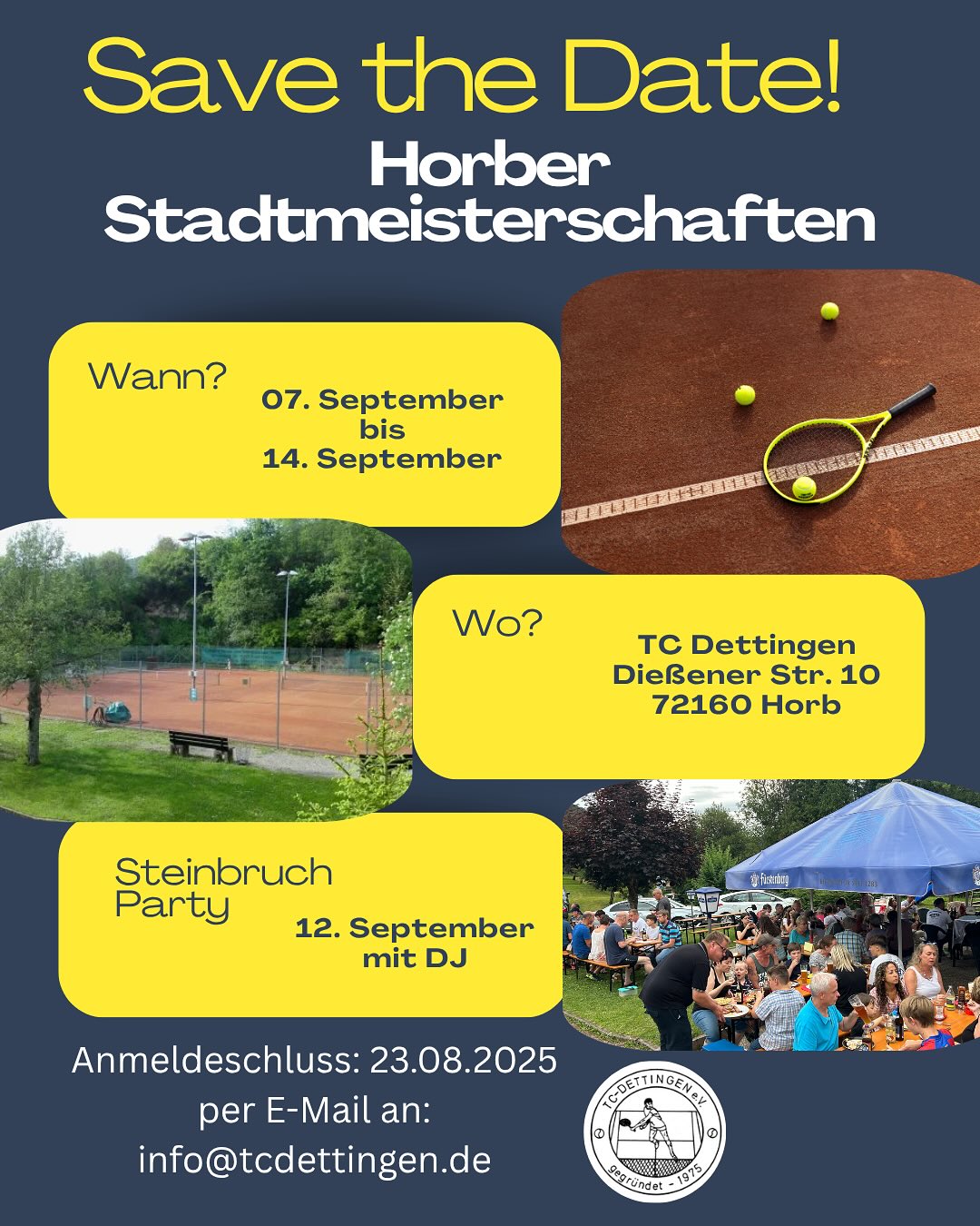 🎾 SAVE THE DATE! 🎾
Stadtmeisterschaften 2025 beim TC Dettingen!
🗓️ 07.09 bis 14.09 – die Tage müsst ihr euch freihalten!
🔥 Spannende Matches von früh bis spät
🎉 Tägliches Rahmenprogramm
🍔 Leckeres Essen & kühle Drinks
👏 Super Stimmung auf und neben dem Platz
👟 Meld dich an & spiel mit
👀 Oder komm einfach vorbei & genieß das Tennis-Highlight des Sommers!
#tcdettingen #stadtmeisterschaften2025 #tennisliebe #turnierzeit #saveTheDate #tennisvibes #sportundspaß #supportyourclub