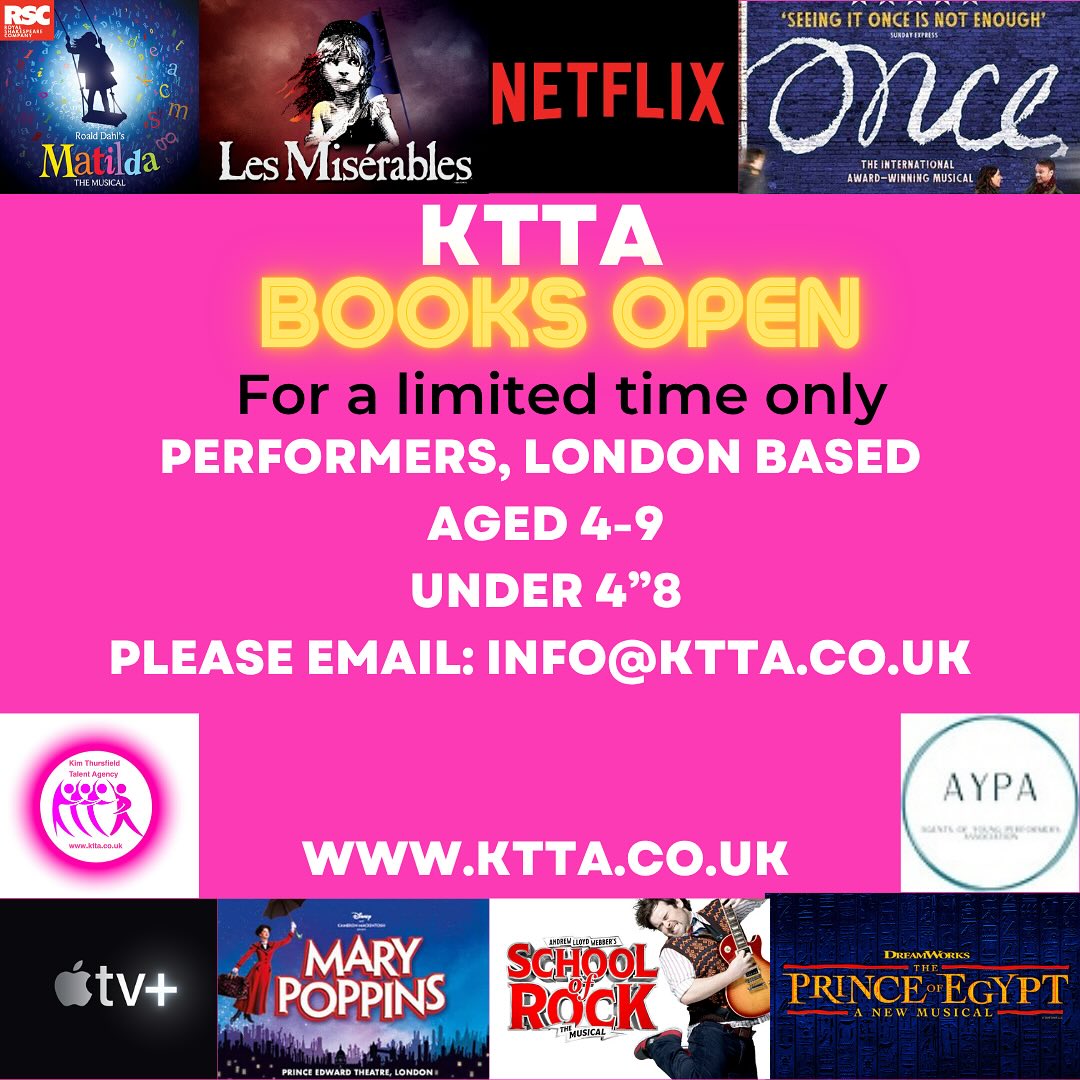 Books are open for a limited time!
Due to many of our young performers growing up and getting too tall/old.
Specifically looking for young performers aged 4-9 and based in Greater London!
Please note: We are a Talent agency only and do not do any modelling.
#KTTA #Agent #Agency #YoungPerformer #TalentedKids #KidsCasting #AYPA #FuturePerformer