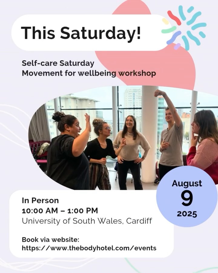 📢 Last chance to book!
This Saturday, we're landing back in our bodies 🧘♀️✨
Join us for Self-Care Saturday—a nourishing workshop using movement to reconnect with yourself, ground your energy, and move with intention. 🌿💃
Let your body lead the way. See you there?
📅 Saturday 9th August
⏰ 10 AM - 1 PM
📍 University of South Wales, Cardiff Campus, (Atrium) CF24 2FN
Don't miss out—secure your spot now! 👉 www.thebodyhotel.com/events/
#SelfCareSaturday #MoveToHeal #DanceTherapy #MindfulMovement #SelfCareMatters #HolisticWellness #HealingThroughMovement #EmbodiedWellness #WellnessJourney #MindBodyBalance #StressRelief #WellbeingWorkshop
