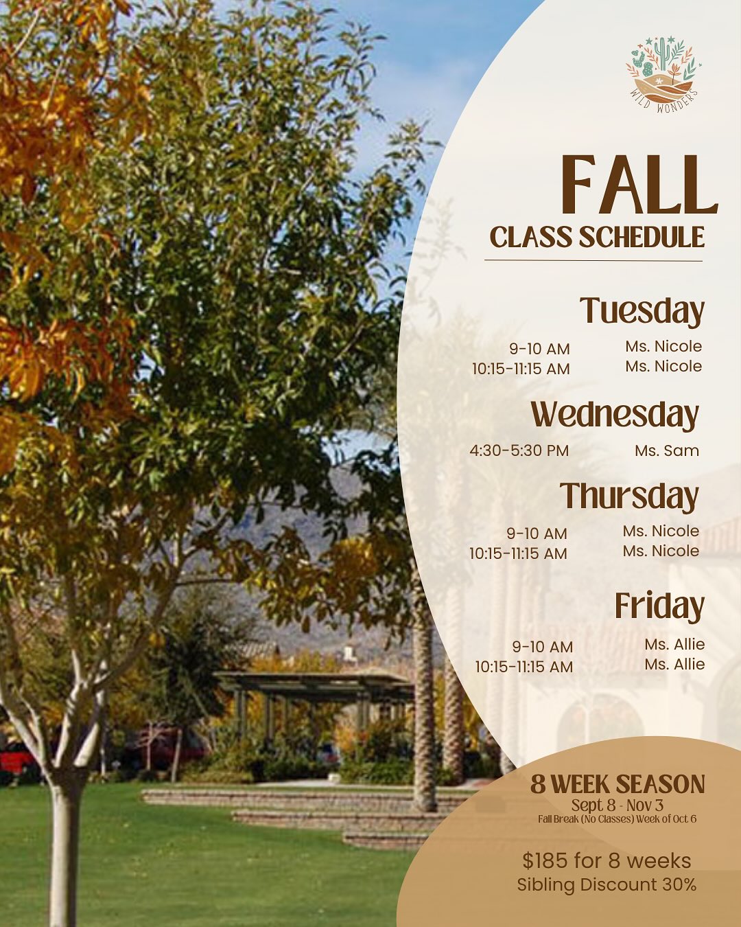 🍁 Fall at Wild Wonders is almost here—and we can’t wait to adventure with you!
Our 8-week Parent-Child Classes for ages 18 months to 4 years start the week of September 8th. Together, we’ll explore, play, and connect with nature (and each other!) with an optional fall break field trip the week of Oct 6th.
We keep our classes intentionally small—just 12 explorers—so it feels more like a little community than a class. Registration is $185 per child with 30% off for siblings. 84 spots total this season… we’d love to share one of them with you! 🍂
Registration rolls out to:
🌿Previous Wild Wonders families Aug 15th
🌱Waitlist families Aug 18th
🍃Open Registration Aug 20th