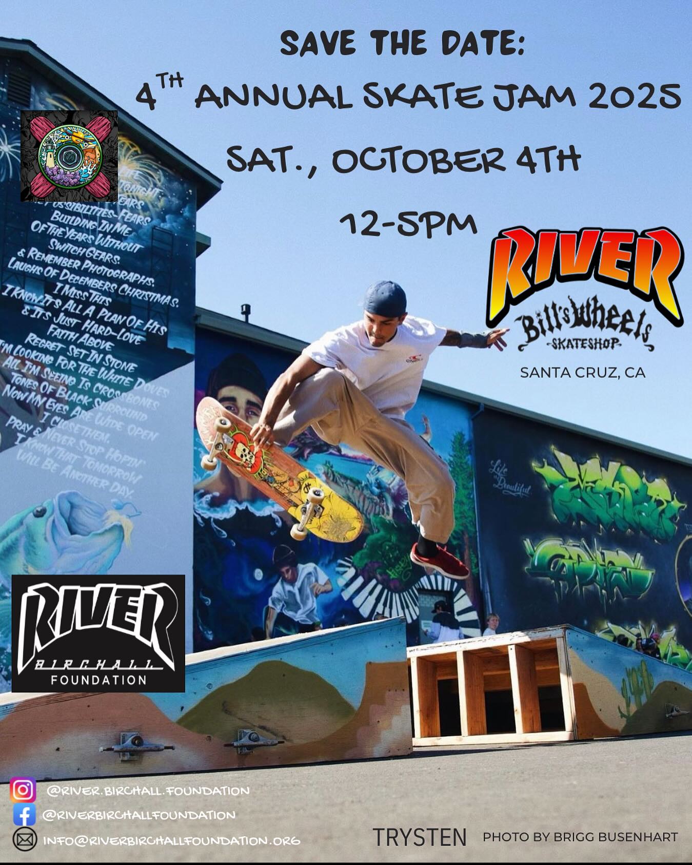 🗓️SAVE THE DATE:
**4th Annual River Skate Jam**dropping in🔥
📍 @billswheelsskateshop
📆 **Saturday, October 4th**
⏰ **12–5 PM**
It’s gonna be an **epic day of skating, live music, raffle prizes, and event prizes💥
🎶 Live Music
🍴Local eats
🚌Photo Booth Bus
🛹Merch
🥳Raffle
🏆 Mini comps
🤑 Cash for tricks
📩Email: info@riverbirchallfoundation.org
Or DM us here on Instagram to donate to the raffle or to be an event sponsor!
#skatejam #santacruz #billswheels #nhs
#SkateForRiver #LegendsNeverDie #SantaCruzSkateJam #
