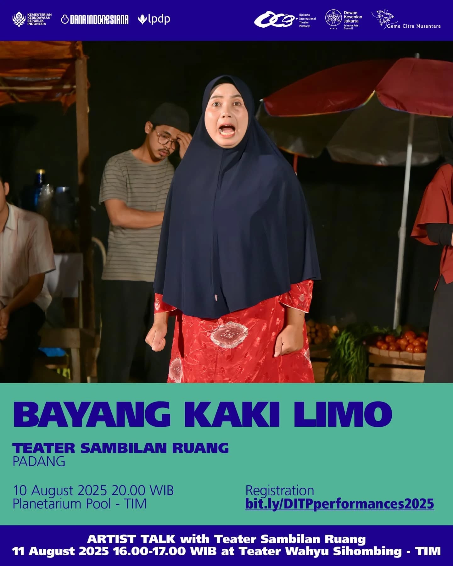 It’s finally here! Djakarta International Theater Platform 2025 presents a powerful lineup of performances you won’t want to miss!
Introducing Bayang Kaki Limo by Teater Sambilan Ruang.
Online booking for seats is no longer available. Limited On The Spot registration may be available — stay tuned for announcements and updates on our Instagram story!
Early registration on performance day starts at 19.00. Free seating, so come early for best seats.
-
Akhirnya tiba! Djakarta International Theater Platform 2025 mempersembahkan deretan pertunjukan seru yang sayang untuk dilewatkan!
Inilah pertunjukan PLUNGE oleh Teater Tetas.
Registrasi secara online sudah tidak tersedia. Registrasi langsung (On The Spot) masih mungkin tersedia dalam jumlah terbatas — pantau terus pengumuman dan pembaruan di Instagram Story kami!
Registrasi awal pada hari pertunjukan dibuka pukul 19.00. Tidak ada penomoran kursi, maka silakan datang lebih awal untuk memilih tempat duduk terbaik!