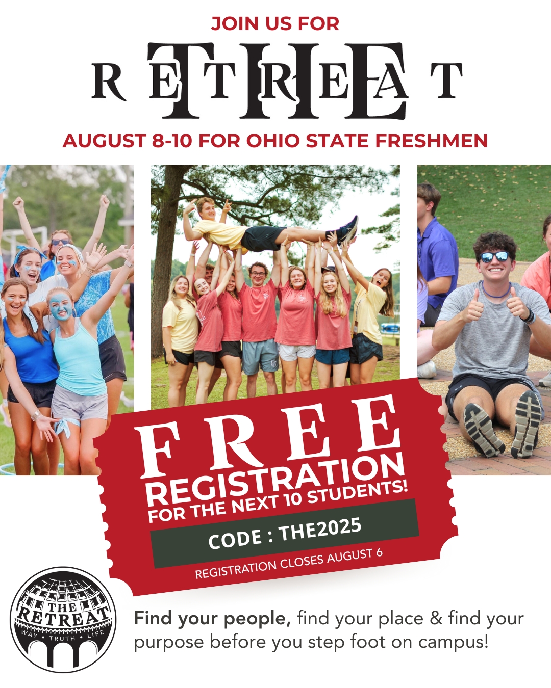 College is a big step — but you don’t have to walk into it alone!
The Retreat is a weekend just for Ohio State freshmen to help you find your people, find your place and find your purpose before you step foot on campus!
🧡 August 6 is the LAST DAY to register!
🎉 10 FREE SPOTS — use code THE2025 at checkout thanks to a generous donor!
🔗 Register at the link in our bio!
Come be part of something that makes the start of college feel a whole lot less overwhelming — and a whole lot more like home.
Need more info? www.the-retreat.net
#osu2029 #FindYourPeople