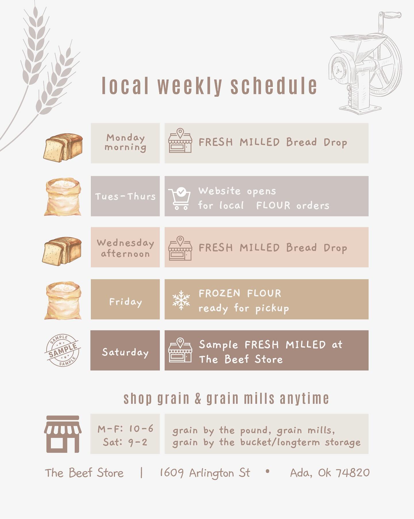 We have a schedule for FRESH MILLED flour and FRESH MILLED bread @thebeefstoreada 🍞
🌾Grain and grain mills are in stock locally and soon will be back in stock on our website!!
Thank you for supporting our small business! 🥰
#shoplocal #adaoklahoma #stoneground #freshmilledflour #breadislife