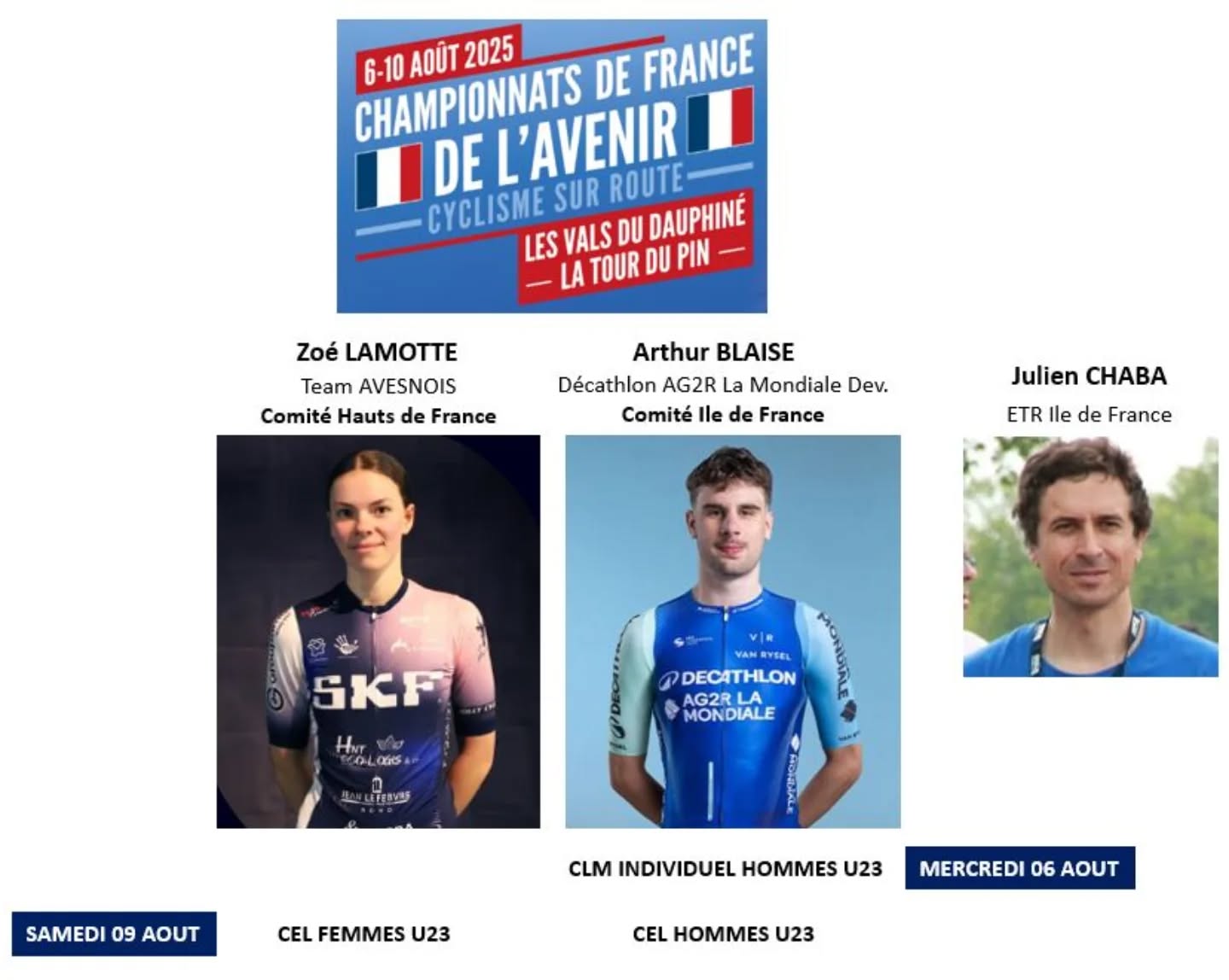 #madeinABC 🟦🟨🟥
Les Championnats de France 🇫🇷 de l'Avenir débutent demain à la Tour du Pin (Isére).
⚠️ Arthur sera aligné sur le CLM demain et la Course en ligne U23 samedi après midi sous le maillot du Comité Ile de France.
⚠️ Zoé sera alignée sur la Course en ligne U23 samedi matin sous le maillot du Comité des Hauts de France.
Tout ceci sous le regard 👀 attentif du Président Chaba (membre de l'ETR Ile de France).