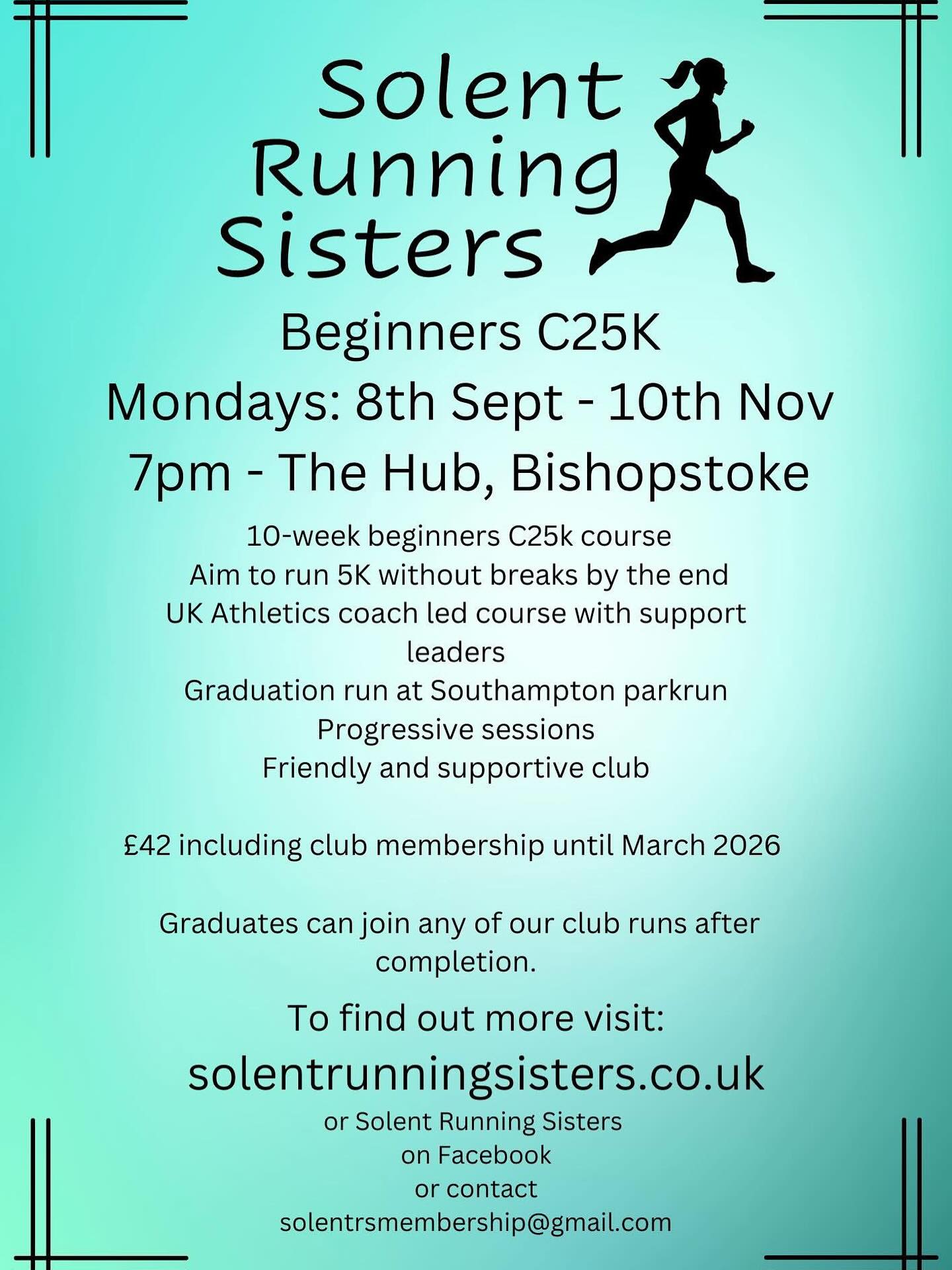 Join us for our 5k course starting soon!
Monday’s 7pm at The Hub in Bishopstoke.
Please contact us or go to link in our bio to find out more and to sign up
#beginnerrunner #beginner #runninf #couchto5k #solentrunningsisters #runningsisters #solent #eastleigh #southampton #chandlersford #bitterne #runners #runnersofinstagram #womenwhorun #femalerunners #runclub #ukathletics #fitness #running #runnersofinstagram #instarunner #girlsthatrun #womenthatrun #thisgirlcan #fundayrunday #runhappy #trailrunning #roadrunning #sherunsthis #TealArmy #TeamTeal