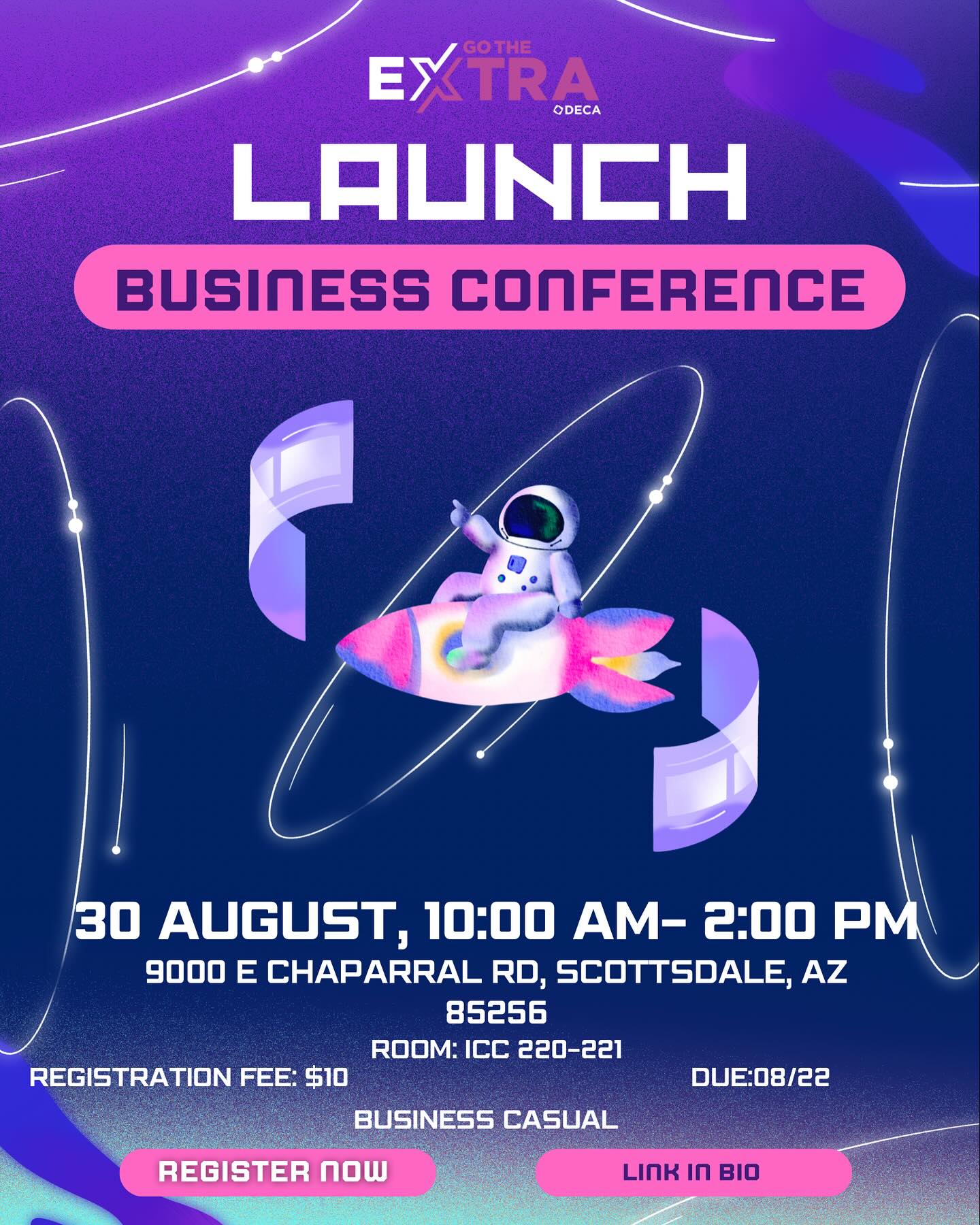 🚀 Ready to go the extra this year?
Then it’s time to Launch.
Join us for a professional development conference designed for any member looking to level up — from officers to first-time competitors. This is your all-access pass to sharpen skills, make connections, and actually enjoy the prep.
💼 Bring your resume – we’re making moves.
🎤 Hear from industry speakers
💡 Attend hands-on workshops
🥤 Snacks & beverages provided (because growth is hungry work)
📅 Details dropping soon — but get your mindset packed.
#GoTheExtra #DECAlaunch #BuiltDifferent