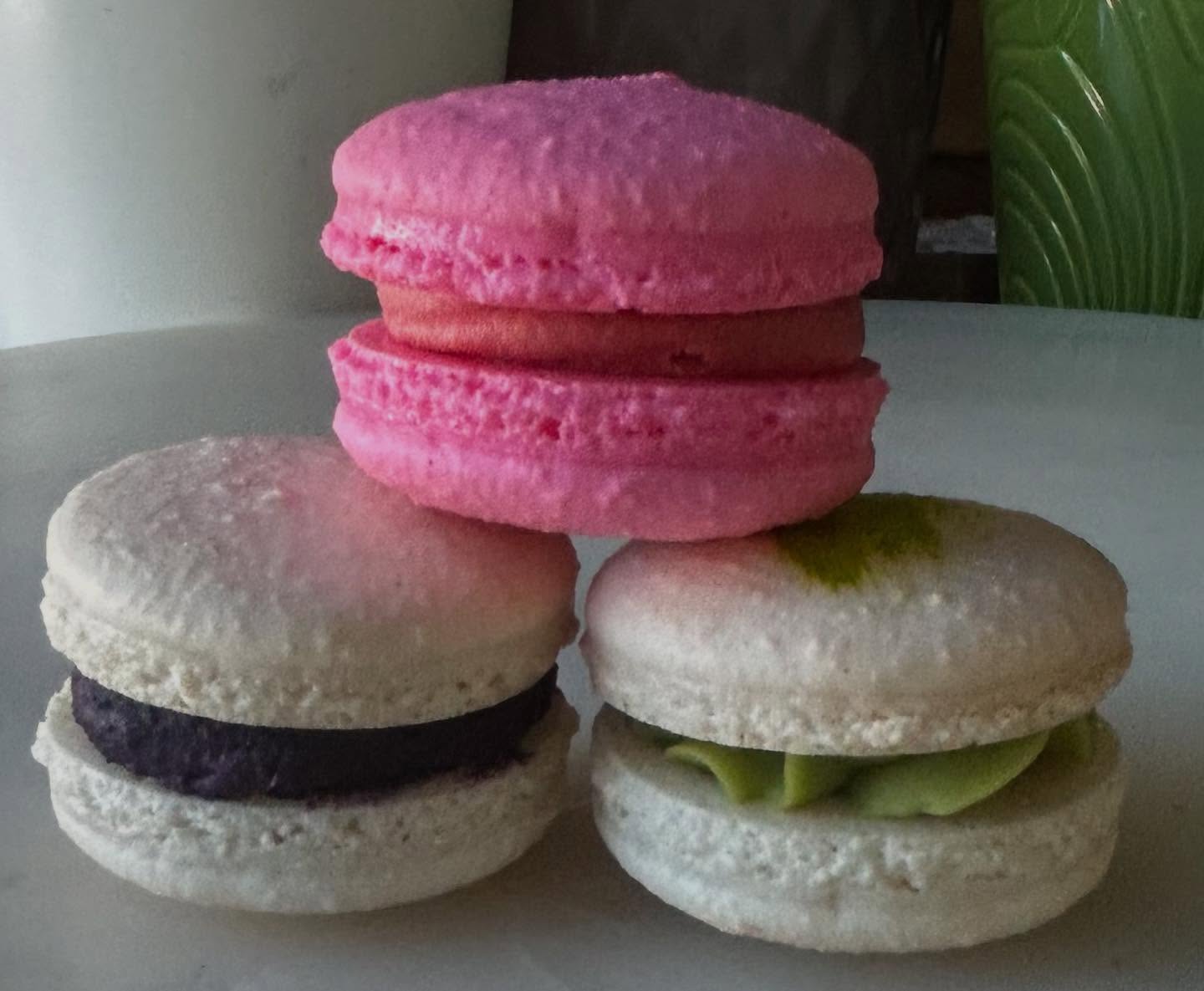 French macarons with Ube, matcha and strawberry ganache