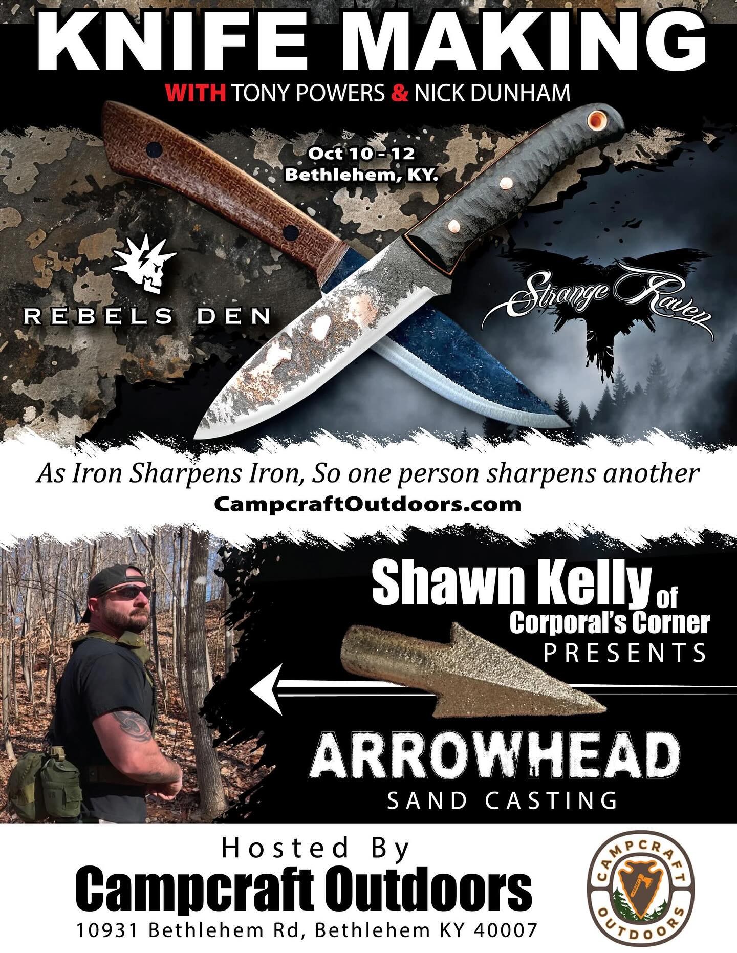 Now is the time to secure your spot! We’re accepting 15 total in this class. Hosted here in Kentucky. Eat good, make an amazing custom knife, and cast your own bronze arrowhead. Enroll at Campcraft Outdoors. #campcraftoutdoors #knifemaking #forgedinfire