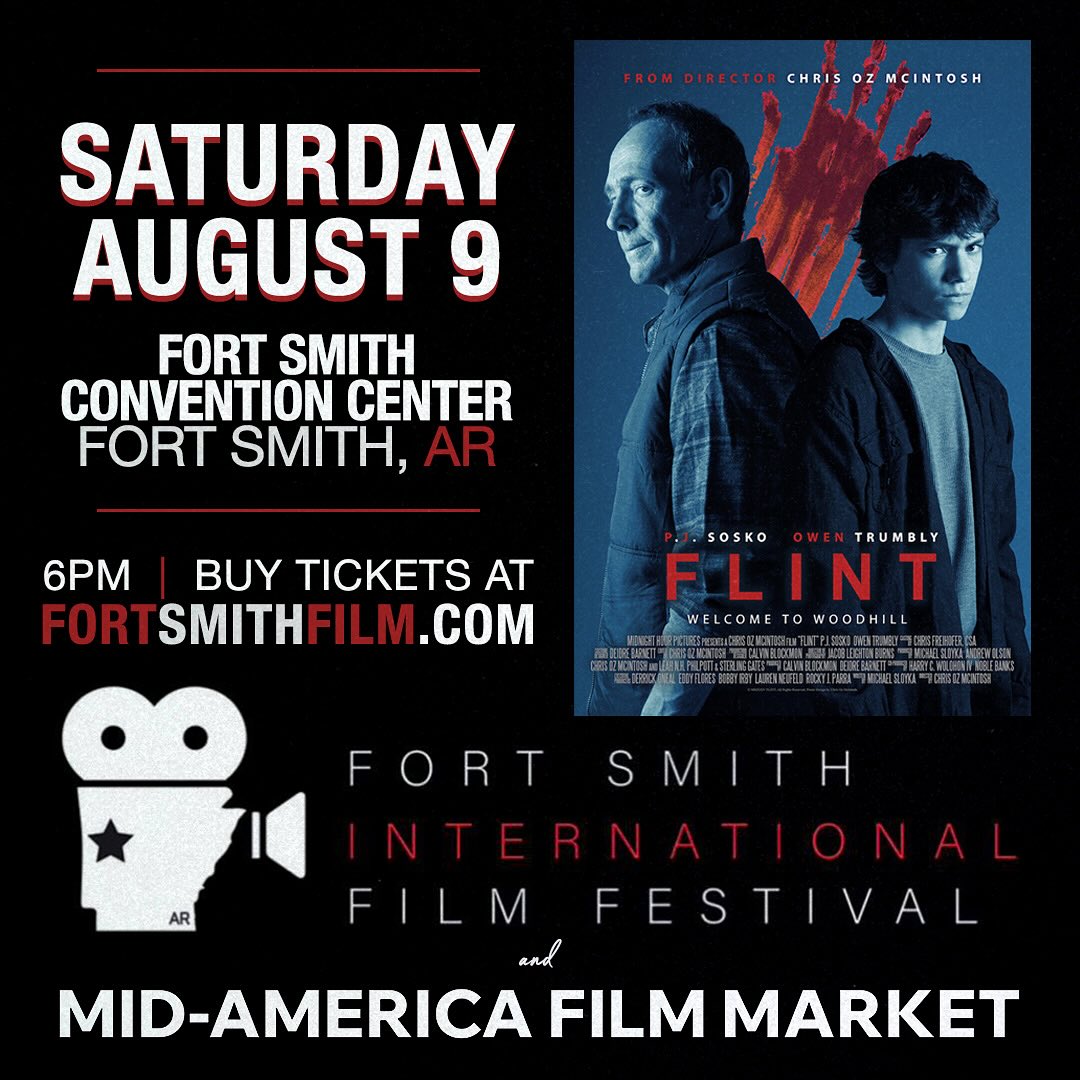 ARKANSAS! One week from today, FLINT hits the big screen at @FortSmithInternationalFilmFest & Mid-America Film Market! We screen directly before the fest’s awards ceremony, where we are also named a FINALIST! Come hang out with us, check out our psychological thriller that @FilmThreat calls “as close to cinema perfection as we dare get,” and stick around for the awards to see if we take home any gold! #infiefilm #thriller #oklahomafilm