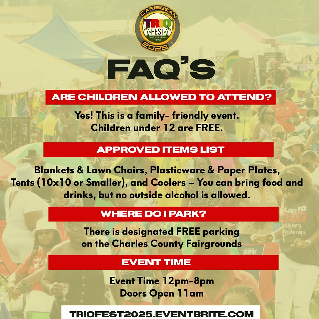 📣 TRIOFEST IS TOMORROW! 🎉💃🏽 And we’ve got all the answers to your last-minute questions 🔥
📌 Our FAQ’s are LIVE and ready to make your fest day smooth like soca 🎶
💼 Forgot something? The Tuck Shop got you!
🚨 Important reminders:
✔️ Weigh down those tents ⛺️
✔️ All drinks must be in unopened, factory-sealed bottles 🧃💧
Grab those last-minute tickets now 🎟️ 👉 triofest2025.eventbrite.com
We’ll see you tomorrow!
#TrioFest2025 #TrioFestFAQ #IslandVibes #CaribbeanFestival #DCEvents