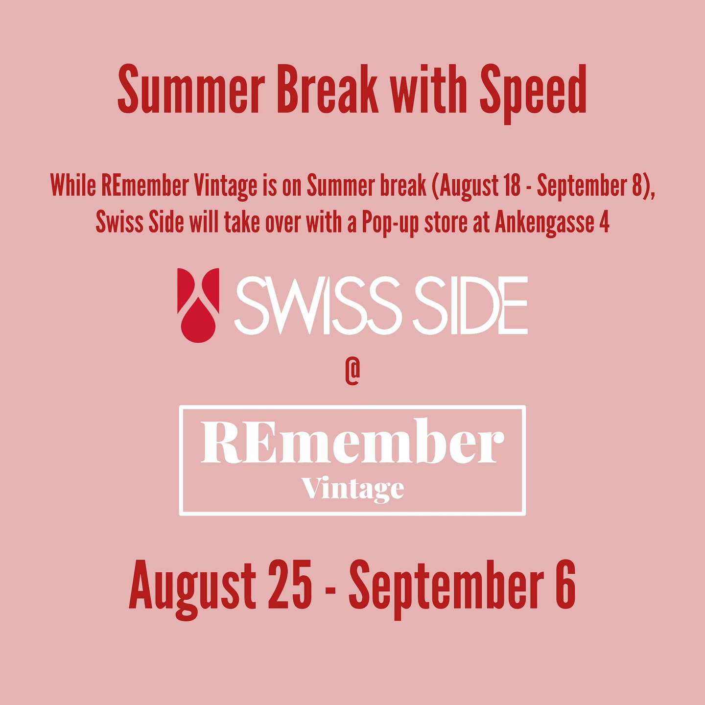 We’re taking a well-deserved summer break from August 18 to September 8 – but don’t worry: our shop won’t be sitting empty!
Instead, a very special pop-up is taking over our space:
@swissside – an innovative local company that designs and produces aerodynamic wheels and other products for road cycling 🚴♀️🚴♂️💨
📍 Location: Our shop at Ankengasse 4, 8001 Zurich
📆 Dates: August 25 – September 6
⏰ Opening hours tbd
A must-visit for all bike enthusiasts (and those who want to become one)!
#popup #zurich #secondhand #cycling #aero #swissengineering