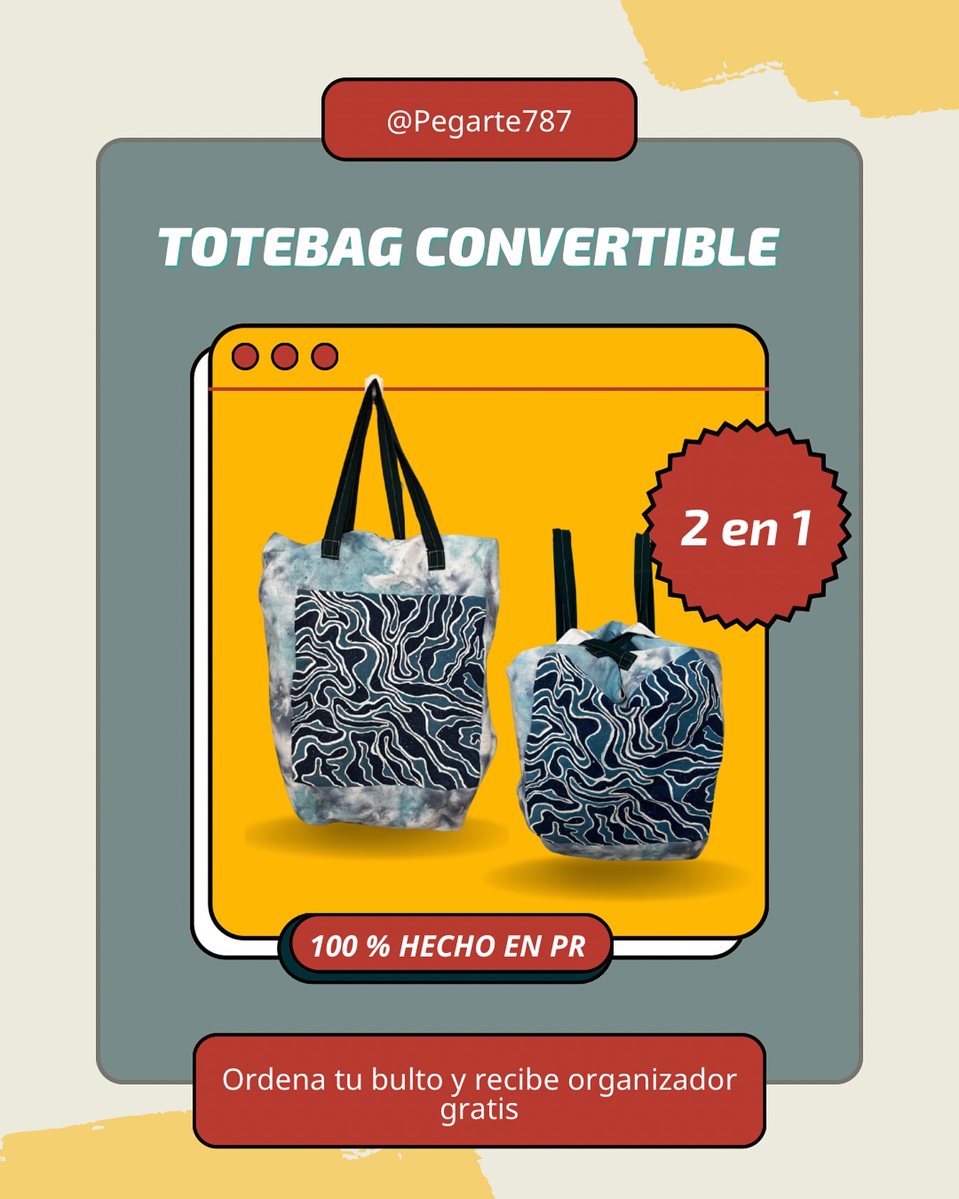El bulto perfecto SÍ existe — y es este 2 en 1 hecho 100% en Puerto Rico.
Nuestra totebag convertible no solo es espaciosa, sino que se adapta a ti: la llevas doblada o extendida, según el día que tengas.
¿Lo mejor? Si ordenas el tuyo ahora, te regalamos el organizador removible ✨
🧵 Hecho a mano
🎒 Diseño práctico, funcional y único
🎨 Pintado a mano a tu estilo
Escríbenos para separar el tuyo 💌