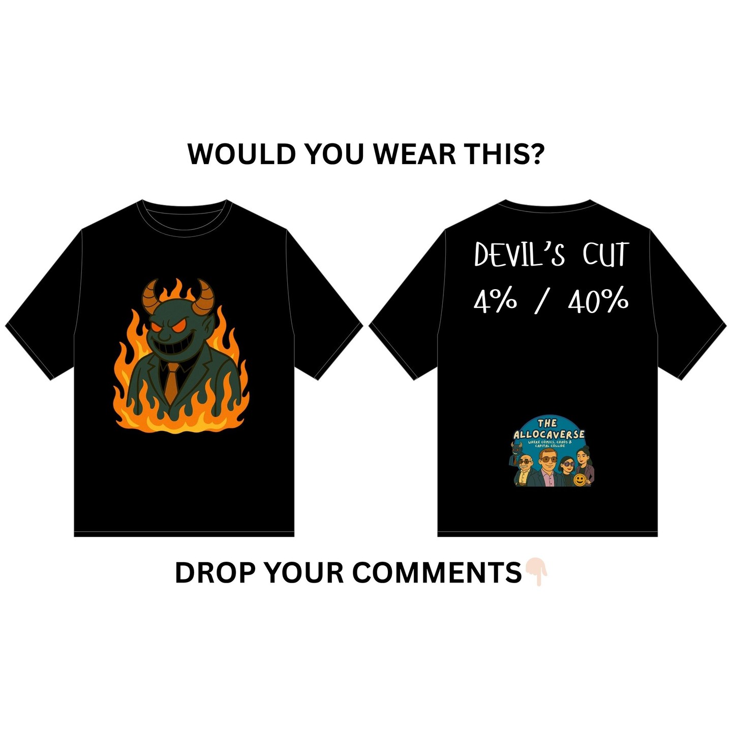 Would you wear this Fee Fiend shirt?
It has flames. And fear. And alpha decay.
Vote below or tell us your merch idea.
(Yes, we might make it.)
#allocaverse #feefiend #finance #comics #funny #meme