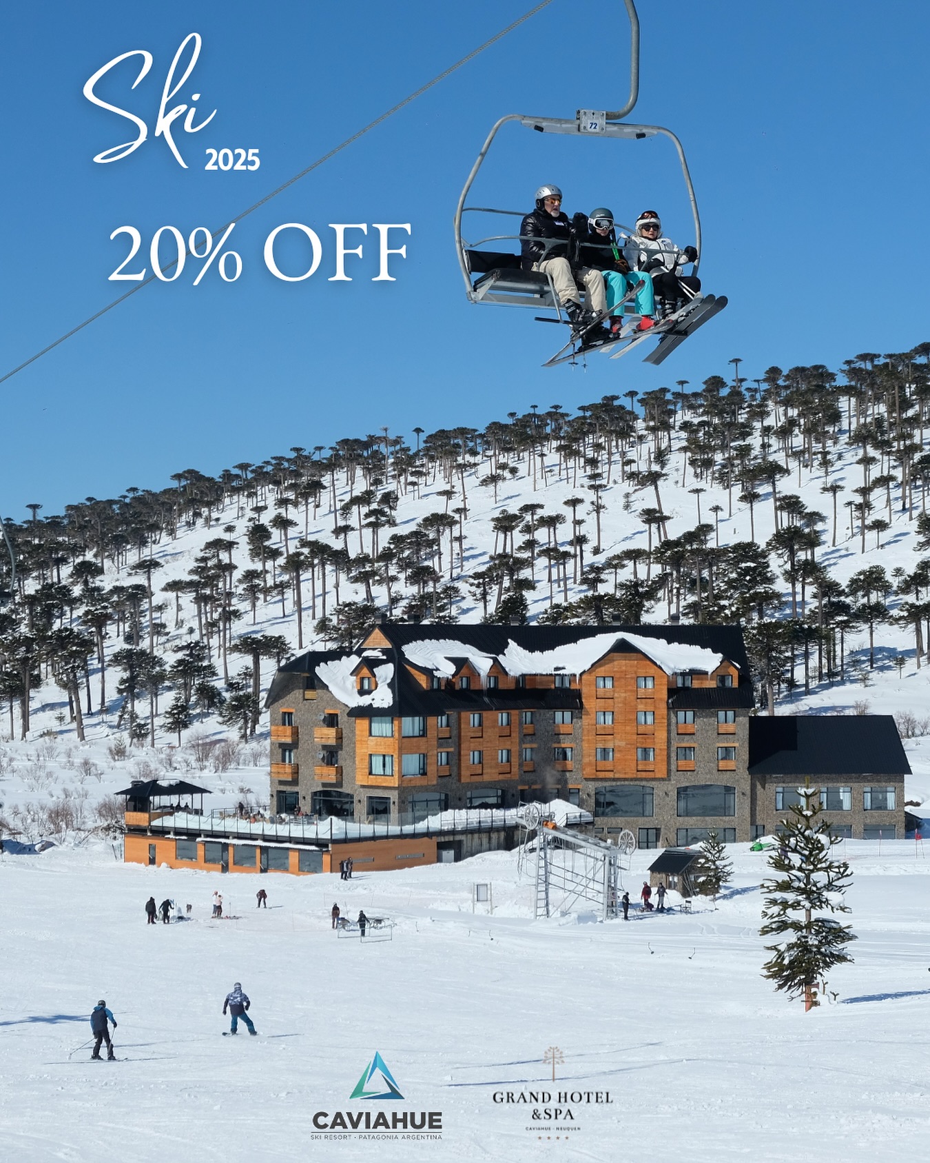 🎿✨ VIVÍ CAVIAHUE COMO NUNCA
Alojate frente a las pistas y disfrutá a pura nieve 🏔️
🏨 Grand Hotel & SPA + Caviahue Ski Resort
🌟 Pack especial desde 3 noches + 3 días de esquí
📉 ¡Con 20 % OFF exclusivo por tiempo y cupos limitados!
Incluye:
✔️ Alojamiento con desayuno
✔️ Pases a medios de elevación
✔️ Alquiler de equipos
✔️ Acceso directo a pistas (Ski In & Out)
💳 Y además… pagá hasta en 12 cuotas sin interés con Banco Galicia
✔️ 9 cuotas en pases, alquiler y clases
✔️ 12 cuotas en alojamiento
✔️ 20 % o 25 % de ahorro en gastronomía pagando con QR Galicia o MODO
📅 Válido para estadías desde 3 noches hasta el 14 de Agosto 2025.
📲 Reservá ahora en 👉
🌐www.caviahue.com/shop
📧 reservas@caviahue.com
📞 WhatsApp: +54 9 11 6175-2820
🏔️ ¡Te esperamos con nieve, relax y beneficios imperdibles!
#GrandHotelCaviahue #CaviahueSkiResort #PromoGalicia #Nieve2025 #SkiInOut #SnowLovers #InviernoEnLaPatagonia #CaviahueEsquí #ViajesConEstilo