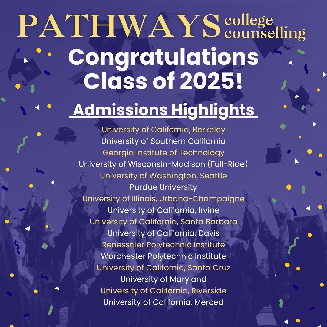 🎉🎉 Congratulations Pathways Class of 2025! We’re so proud of our incredible students and all the hard work they put in this admissions cycle. Above are the colleges our students were admitted to this year. We know they’ll do great and make wonderful memories at each of their top choices. 💫
Are you looking for admissions help, academic counseling, or SAT tutoring for this year? No need to fear! We are currently welcoming new students into our program! Tap the link in our bio to book your FREE 30-minute consultation today.
Let’s find your path—together.
#collegeadmissions #collegecounseling #ucberkeley #ucs #admissionsresults #SATprep #collegebound #pathwayscounseling, #holisticcounseling