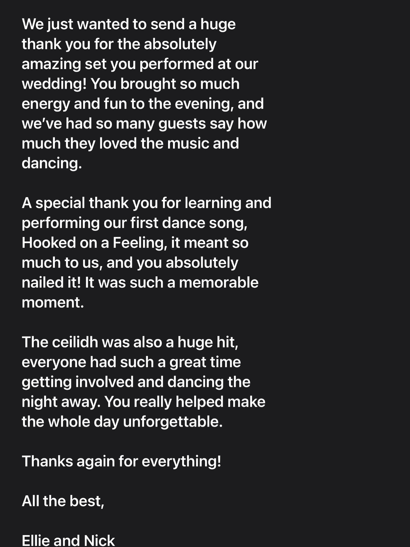 Testimonial! From the lovely Ellie and Nick ❤️with @darrendaviesmusic vocals and gtr @tobyjoereilly lead guitar @richthehawk drums Maciek bass and Piotr on fiddle #weddingband #Irishmusic #irishtrad ##weddingentertainment #entertainmentindustry #livemusic #coverband #Irishweddingbanduk #functionband #rockcoversband #miraclecure_band #thescene #indiecoversband #ibanez #ibanezprestige #fishman #martinaudiolondon #voxampsuk #weddingbands #corporateevents #irishtrad #Irishmusic #turbosound #eventsplanner #ceilidh #ceilidhband #corporateeventplanner #corporateevents #myweddingsuppliers #folkweddingband #miraclecure_band