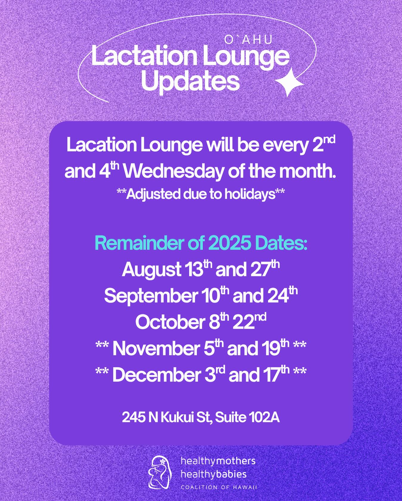 ✨🤱🏽Oʻahu Lactation Lounge Updates ✨
We’re here to support you on your breastfeeding journey! 💚Our Lactation Lounge is a safe, welcoming space to feed, pump, and connect with other parents.
📅 For the rest of 2025, join us on the 2nd and 4th Wednesday of each month (with adjustments for holidays).
🗓 Upcoming Dates:
➡️ Aug 13 & 27
➡️ Sept 10 & 24
➡️ Oct 8 & 22
➡️ Nov 5 & 19
➡️ Dec 3 & 17
📍 245 N Kukui St, Suite 102A
Bring your keiki, take a break, and know you’re not alone we’re here for you every step of the way. 🌸
#HMHBHawaii #LactationLounge #BreastfeedingSupport #NormalizeBreastfeeding #BreastfeedingMoms #FedIsBest #MotherhoodUnplugged #PostpartumCare #NewMomLife #ParentingHawaii #OhanaStrong #MomsOfInstagram #MomTribe #BreastfeedingJourney #MaternalHealthMatters