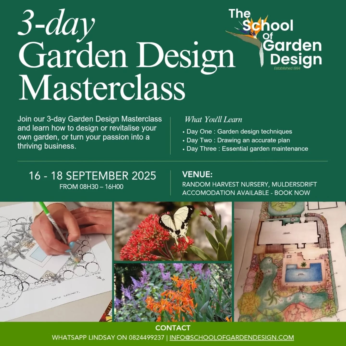 Dive into the exciting world of garden design!
Revitalise your own garden or explore a change in career.
Visually stimulating, comprehensive tuition in the beautiful indigenous nursery @randomharvestnursery.
Accommodation available at the venue
WhatsApp Lindsay on 082 44 99 237 or email info@schoolofgardendesign.com