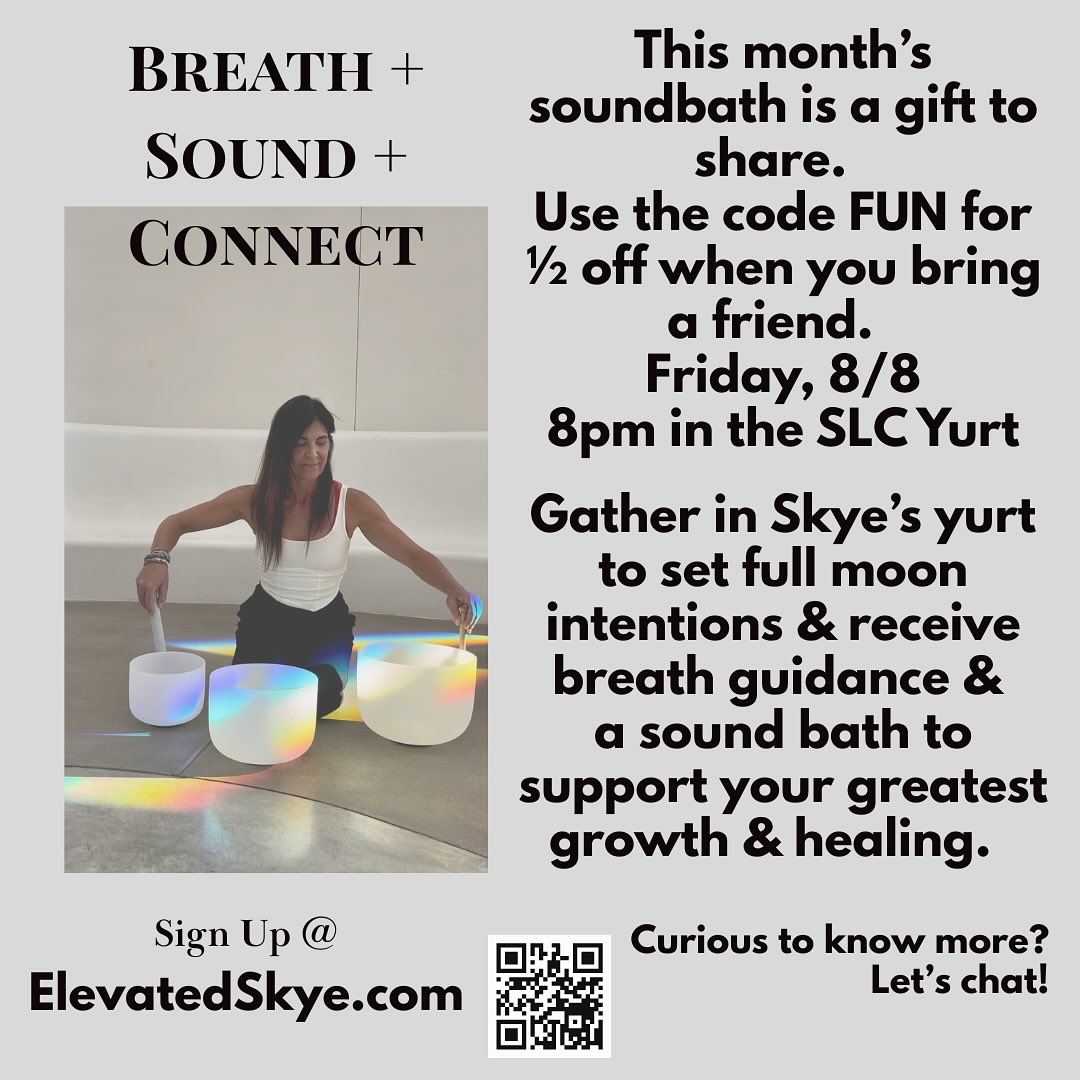 This Friday 8/8, 8 PM in the yurt for a sublime reset. Connect more deeply to self. Bring a friend to up-level the fun!
#slcevents #yurt #Soundbath #elevatedskye #lionsgate #love