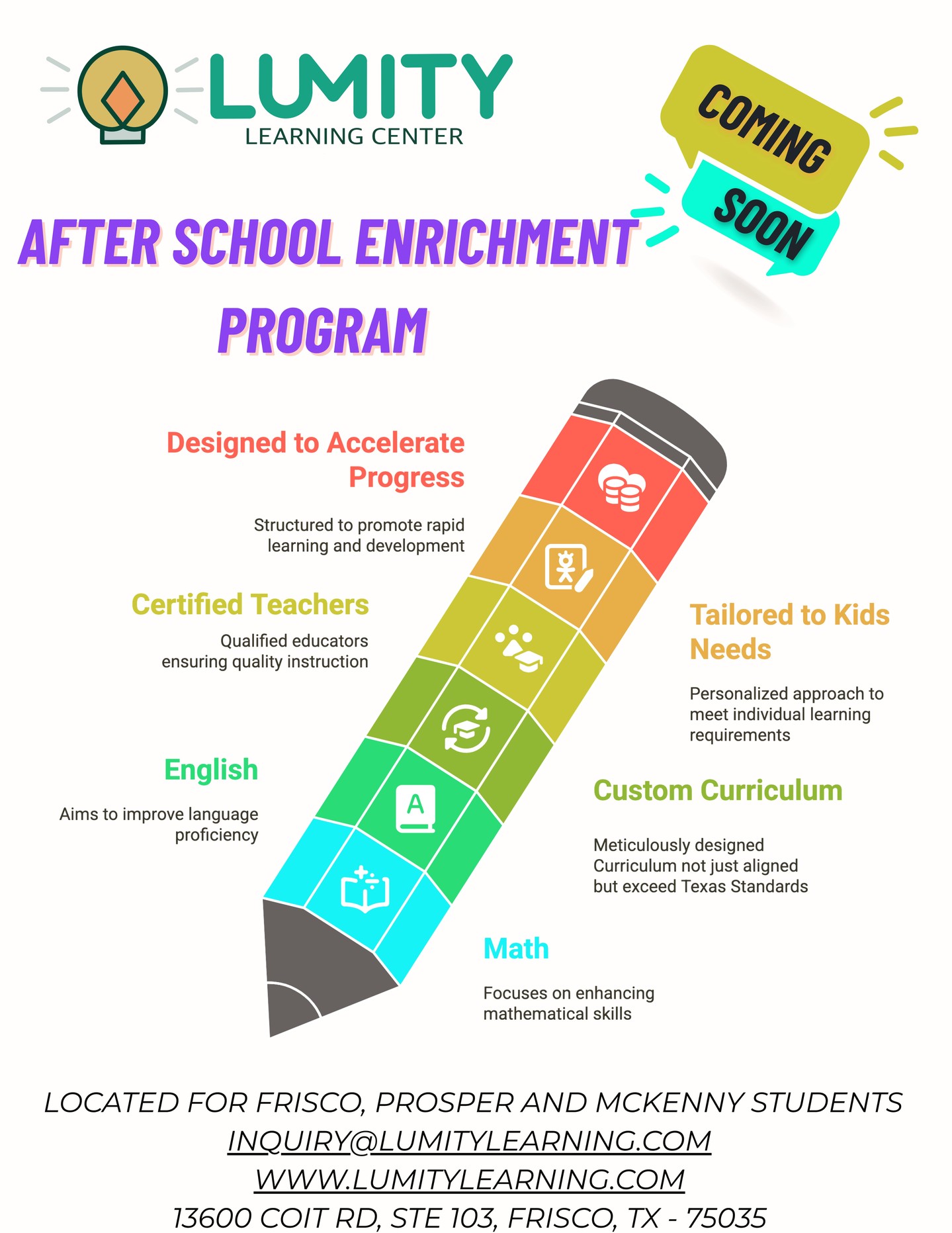 Coming Soon
#lumitylearning #lumitylearningcenter #math #english #afterschool #learning #education #learningcenter #frisco #friscotexas #mathtutoring #mathtutor #englightutor #englishtutoring #kids #prosper #prospertx #mckinneytx