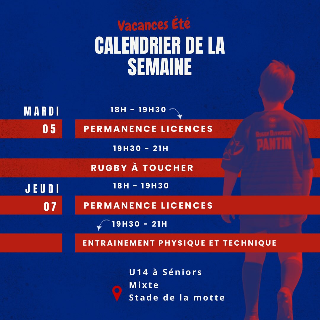 Rop | Calendrier
Permanence Licence & Entraînement Commun 📝🏉
Tu n’as pas encore finalisé ton dossier de licence ? Pas de panique !
➡️ Mardi et Jeudi, une permanence est mise en place pour t’aider à compléter ton inscription.
Un accompagnement personnalisé t’attend pour que tout soit prêt à temps ✅
Et ce n’est pas tout…
🔥 Entraînement ouvert à tous les joueurs à partir de la catégorie U14!
L’occasion parfaite de garder le rythme tout au long de l’été 🌞
📍Rendez-vous au stade de la motte
Venez nombreux, nous comptons sur vous ! 🔵🔴
#rugbypourtous #touspourpantin