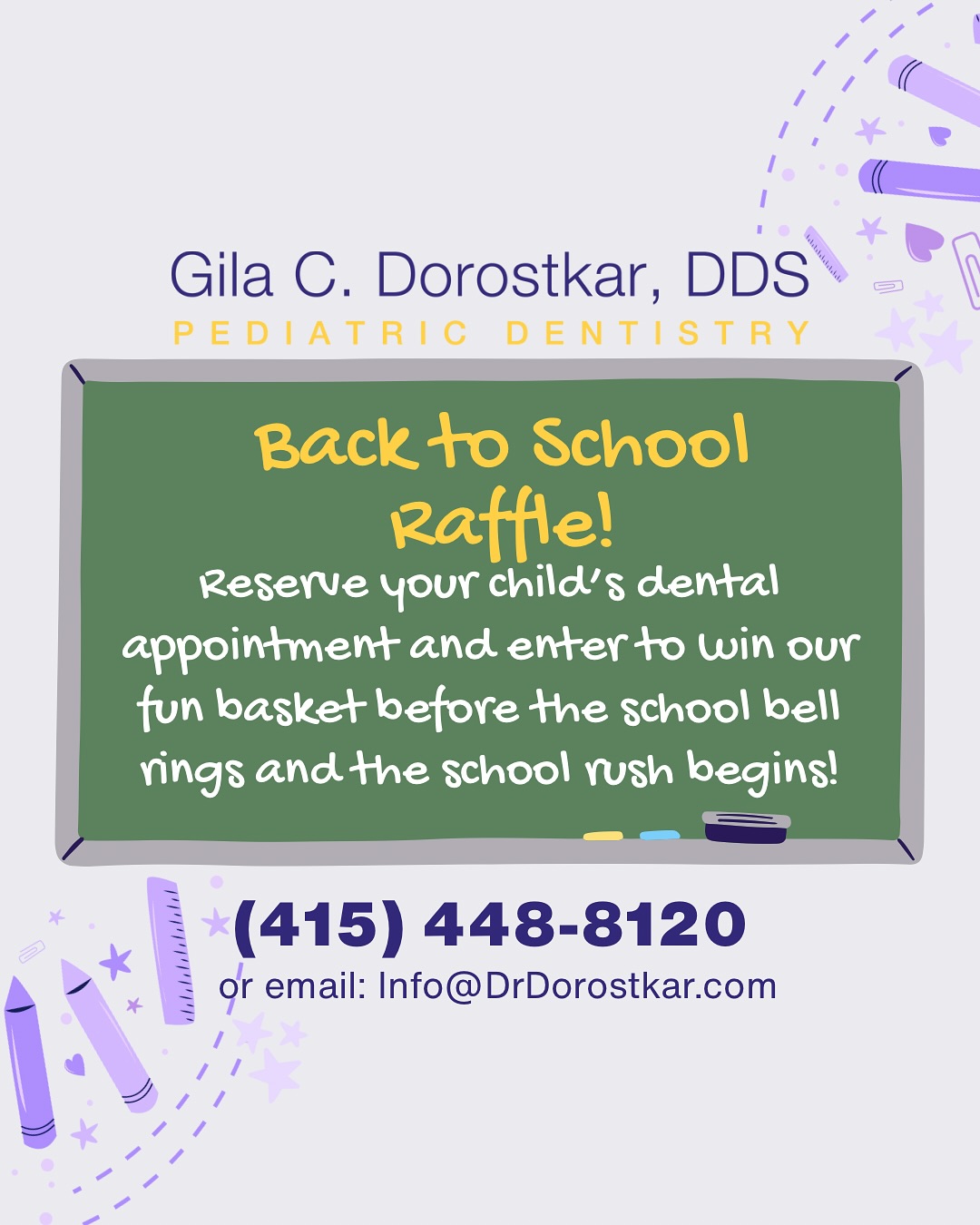 The countdown to the first day of school has begun! ⏰✏️ Make sure your child heads into the new year with a healthy, confident smile by scheduling their dental check-up before classes start.
While you’re here, your kiddo can enter our Back-to-School Raffle—with fun prizes perfect for starting the year off right! 🎉 This is open only to patients who stop by in person, so be sure to book your appointment soon. Our schedule is filling quickly so secure your spot today!
#drgiladds #raffle #pediatricdentist #aspen #backtoschool #dentist #solea #millvalley #greenbrae #marincounty