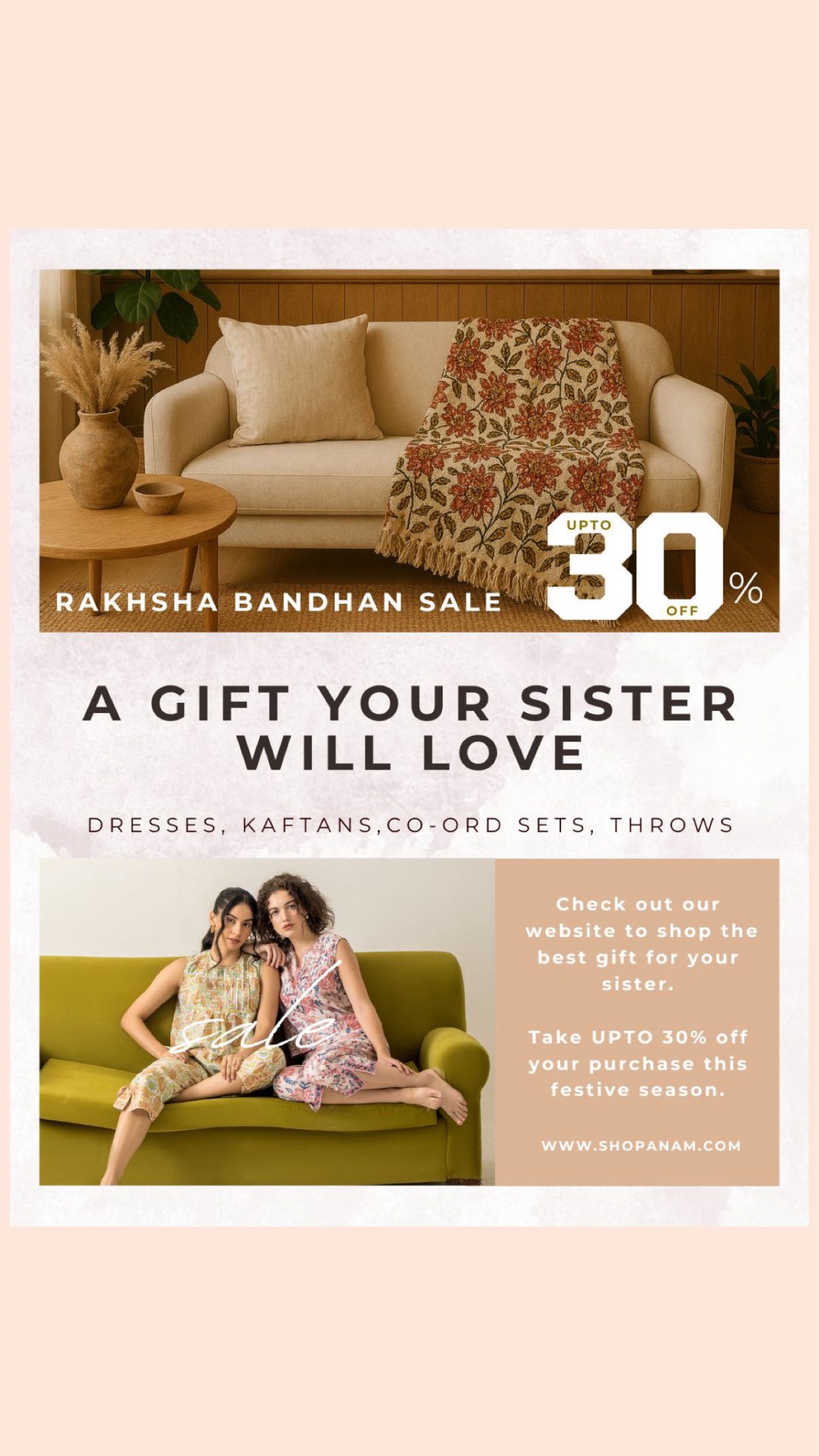 Wrap love in cotton this Rakhi 🧵
Up to 30% off dresses, co-ord sets, kaftans & more👗
🌸 Rakhi Sale is Live! 🎁
A Gift Your Sister Will Truly Love 💕
This Raksha Bandhan, skip the usual and surprise her with something thoughtful, handcrafted, and summer-friendly! ☀️🌼
💝 From breezy handblock dresses to elegant home picks – Our curated cotton, lightweight and naturally dyed dresses are exactly what she needs this season.
✨ Because she deserves more than just sweets.
She deserves something she’ll cherish 💫
🎀 Shop Now & Make Her Smile
(ANAM, handblock print, cotton dresses, cotton tops, cotton blouses, summers, airy, natural colours, breathable fabic, Rakhi sale, Rakhi gift, Rakhshabandhan)
#rakhigifts #sisterspecial #giftwithlove #sustainablefashion #ecofriendly #timelessfashion #slowfashion #mindfulshopping #sustainablefashion #sustainability #sustainablestyle #handcraftedelegance #summervibes