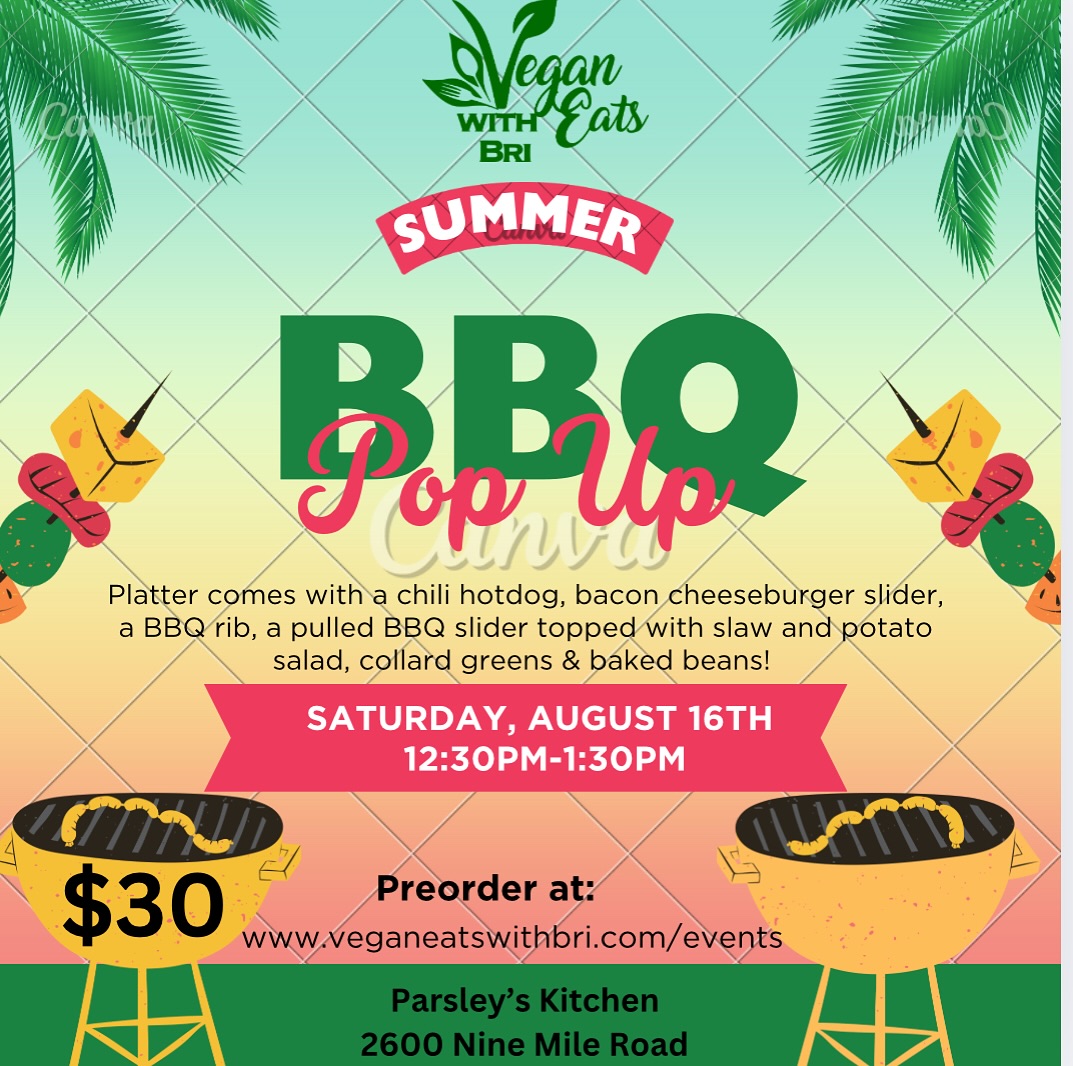 I will be hosting a pop-up on Saturday, August 16th from 12:30 PM until 1:30 PM featuring all of your amazing cookout favorites 🙌🏾🙌🏾
The platter comes with a barbecue rib, a bacon cheeseburger slider, a pulled barbecue slider with apple slaw and a chili hot dog. It also comes with collard greens, baked beans, and potato salad. Lots of food full of flavor.
Pre-order now and pick up on the 16th!! Link in bio to order
#veganeatswithbri
#veganbarbeque
#vegancatering
#veganribs
#vegancookout
#memorialdaybbq
#rvapopup
#rvavegan
#glutenfree
#rvavegans
