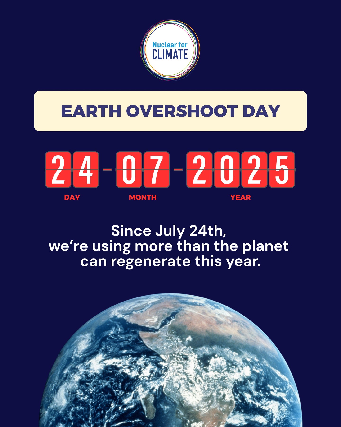 🌍 Earth Overshoot Day was on July 24.
That means by now, we’ve already used up all the ecological resources the planet can regenerate this year.
For the rest of 2025, we’re living in environmental overdraft. 🕳️🕰️
But here’s the good news:
📅 If we move Overshoot Day by just 6 days per year, we can be back within planetary boundaries by 2050.
To get there, we need solutions... and clean energy is one of them. ⚡
Nuclear power is:
⚛️ Low-carbon
⚛️ Reliable 24/7
⚛️ Already avoiding over 2 billion tonnes of CO₂ every year
⚛️ Key to clean heat, hydrogen and industry
It’s not the only answer, but it’s a critical part of the climate solution.
Let’s give time back to the planet before the clock runs out. ⏳🌱
📣 Share this message if you believe in science-based, scalable solutions.
🔗 Source: Global Footprint Network – www.overshootday.org
#EarthOvershootDay I #MoveTheDate I #Nuclear4Climate I #ClimateAction I #CleanEnergy I #NetZero I #DecarboniseEverything