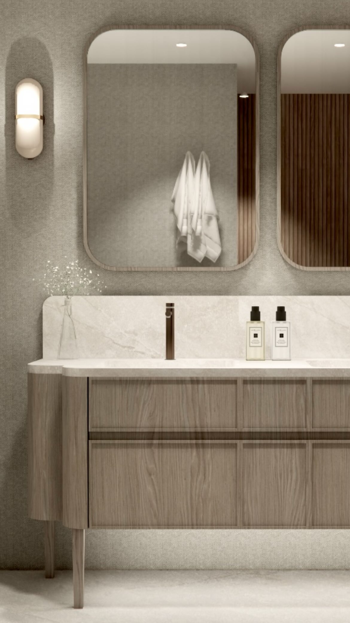 A calm and elegant en-suite bathroom from our Chamonix project.
Textile textured wallpaper, oak finish joinery, and a Corian countertop create a warm, serene atmosphere — all designed for a refined home spa experience. ✨
#interiordesign #propertydevelopment #luxuryliving #londoninteriors #elegantspaces #chamonixmontblanc #luxurybathroom