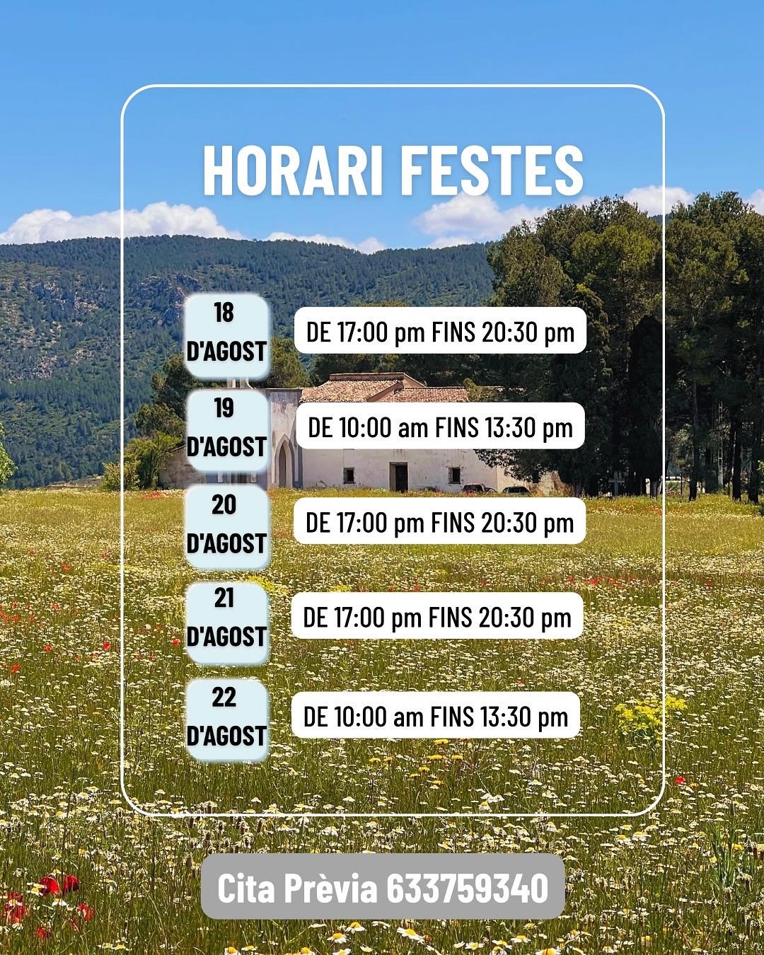 ⚠️ HORARI PER A FESTES DEL POBLE ⚠️
Per a que tots podam disfrutar de les nostres benvolgudes festes, açí vos deixe el horari de la clinica per a eixa setmana. S’ha fet pensant en donar servei veterinari tots els dies de entre setmana. Els dissabtes 16 i 23 d’agost la clinica permaneixerà tancà.
IMPORTANT: ja siga dissabte, diumenge o fora del horari que s’ha possat, podeu cridar-me si teniu alguna urgència amb la vostra mascota i vos atendré. 🐶🐱
Estaré pendent del telèfon desde les 8 del matí fins les 11 de la nit, de dilluns a diumenge (com sempre).
Si teniu qualsevol dubte, podeu cridar o enviar un whatsapp al 633759340 💉
Bones Festes per a tots!! 💙💛