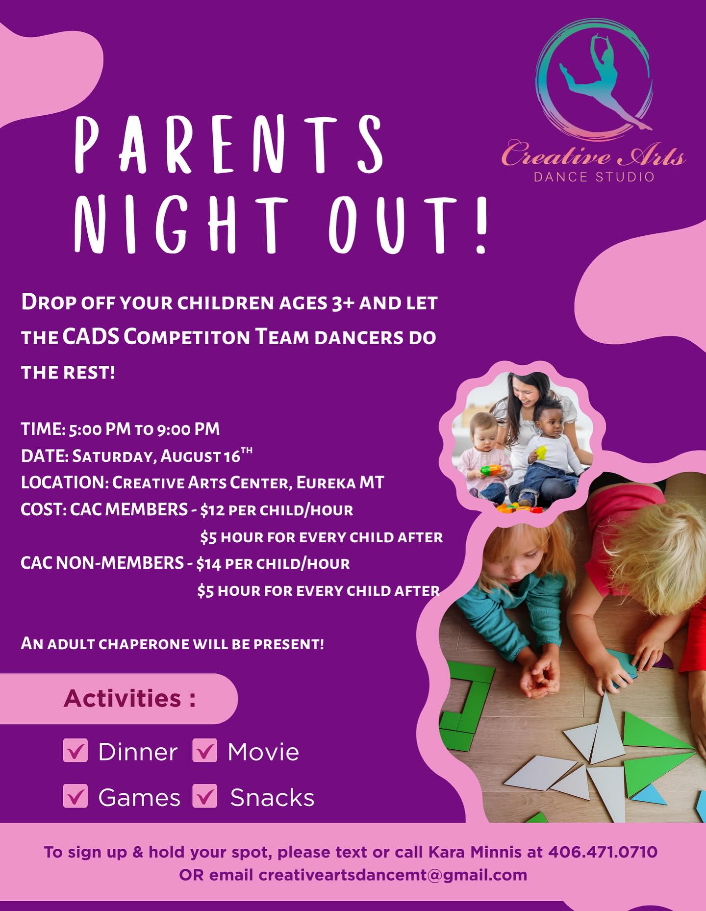 Take the night off & let our comp dancers take care of your kids! It’ll be guaranteed fun in a safe & nurturing environment. Dinner is included!!
#babysittersclub #datenight #parentsnightout #cadscompteam #cadslife #fundraiseforagoodcause #dancer #dance #dancestudio